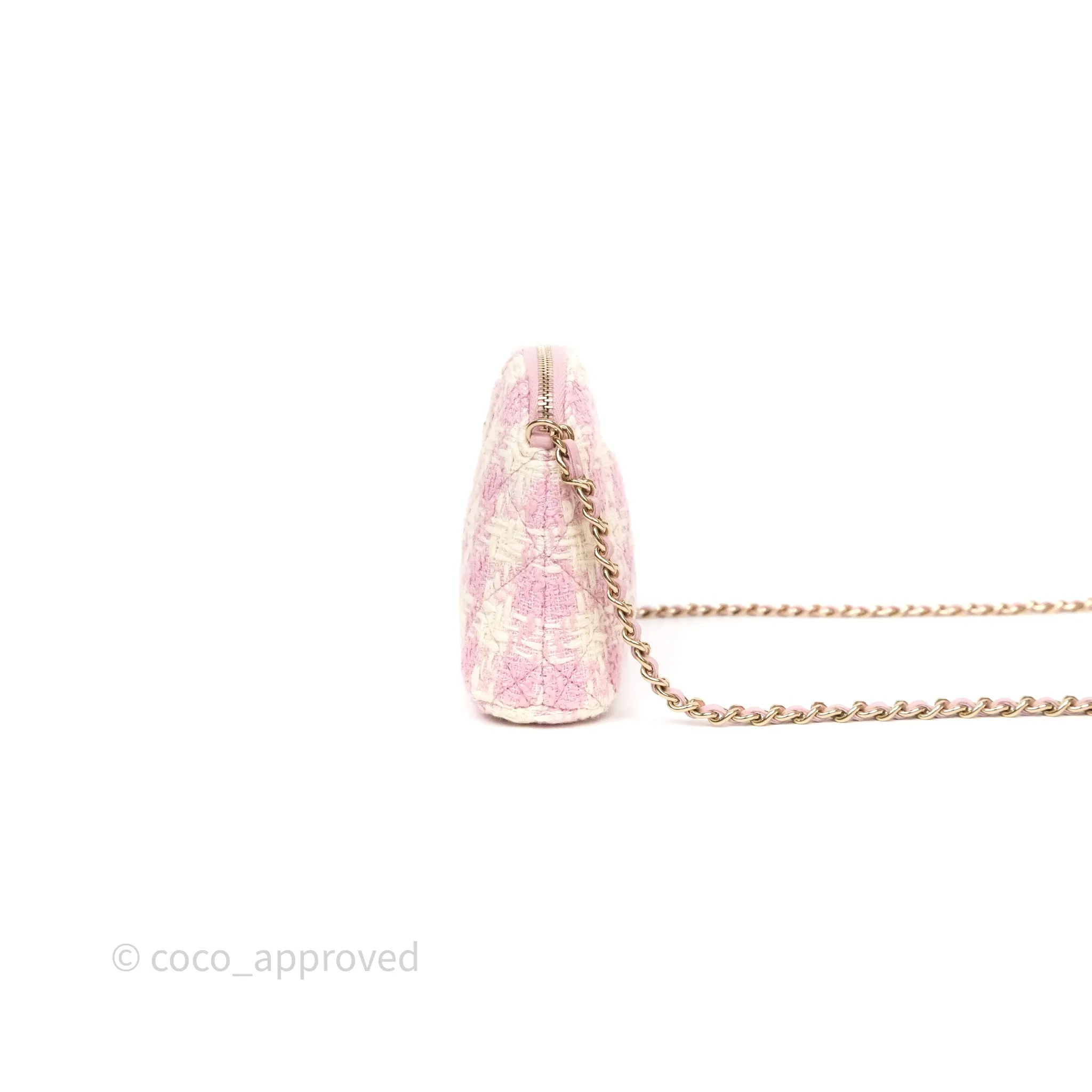Chanel Mini Pouch On Chain White Pink Houndstooth Tweed Gold Hardware