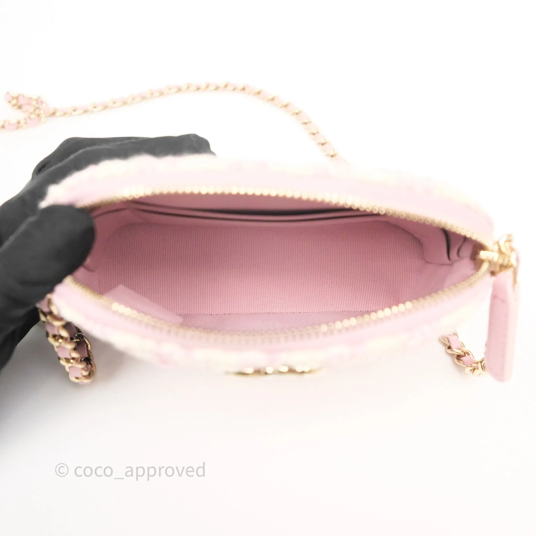 Chanel Mini Pouch On Chain White Pink Houndstooth Tweed Gold Hardware