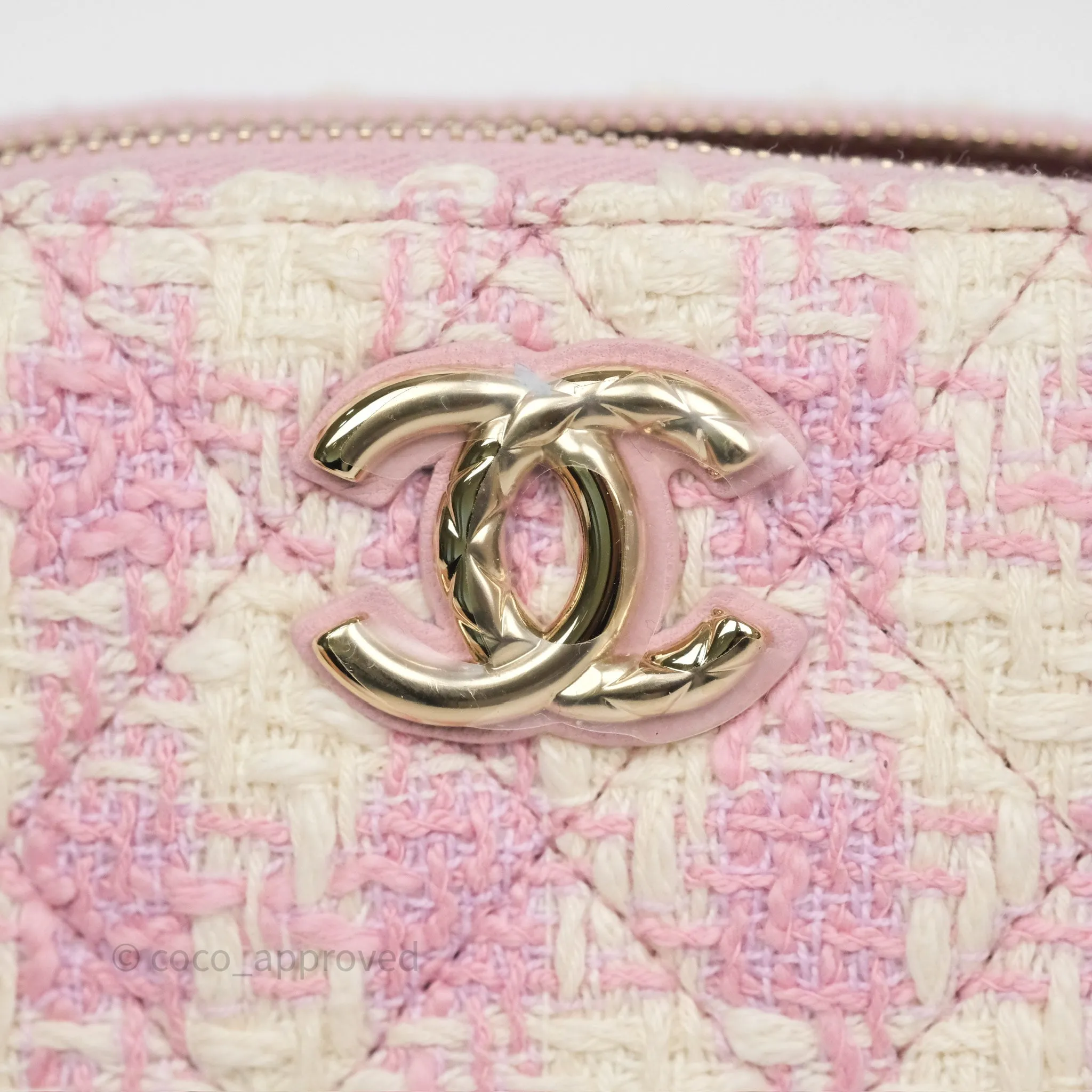 Chanel Mini Pouch On Chain White Pink Houndstooth Tweed Gold Hardware
