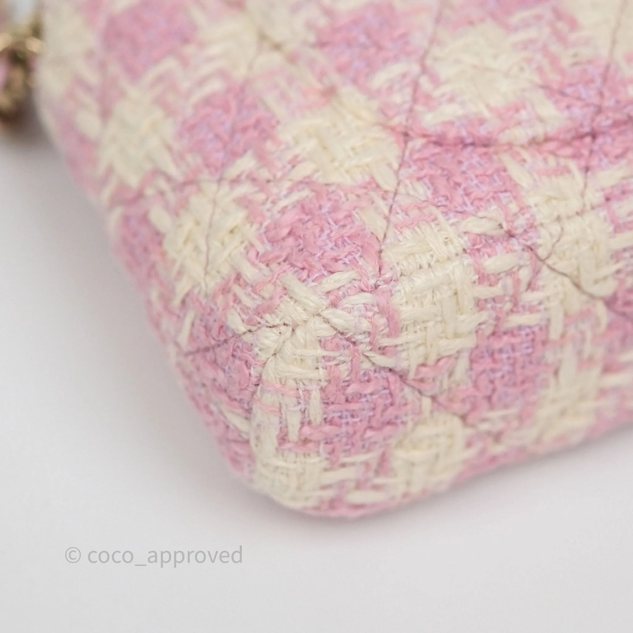 Chanel Mini Pouch On Chain White Pink Houndstooth Tweed Gold Hardware