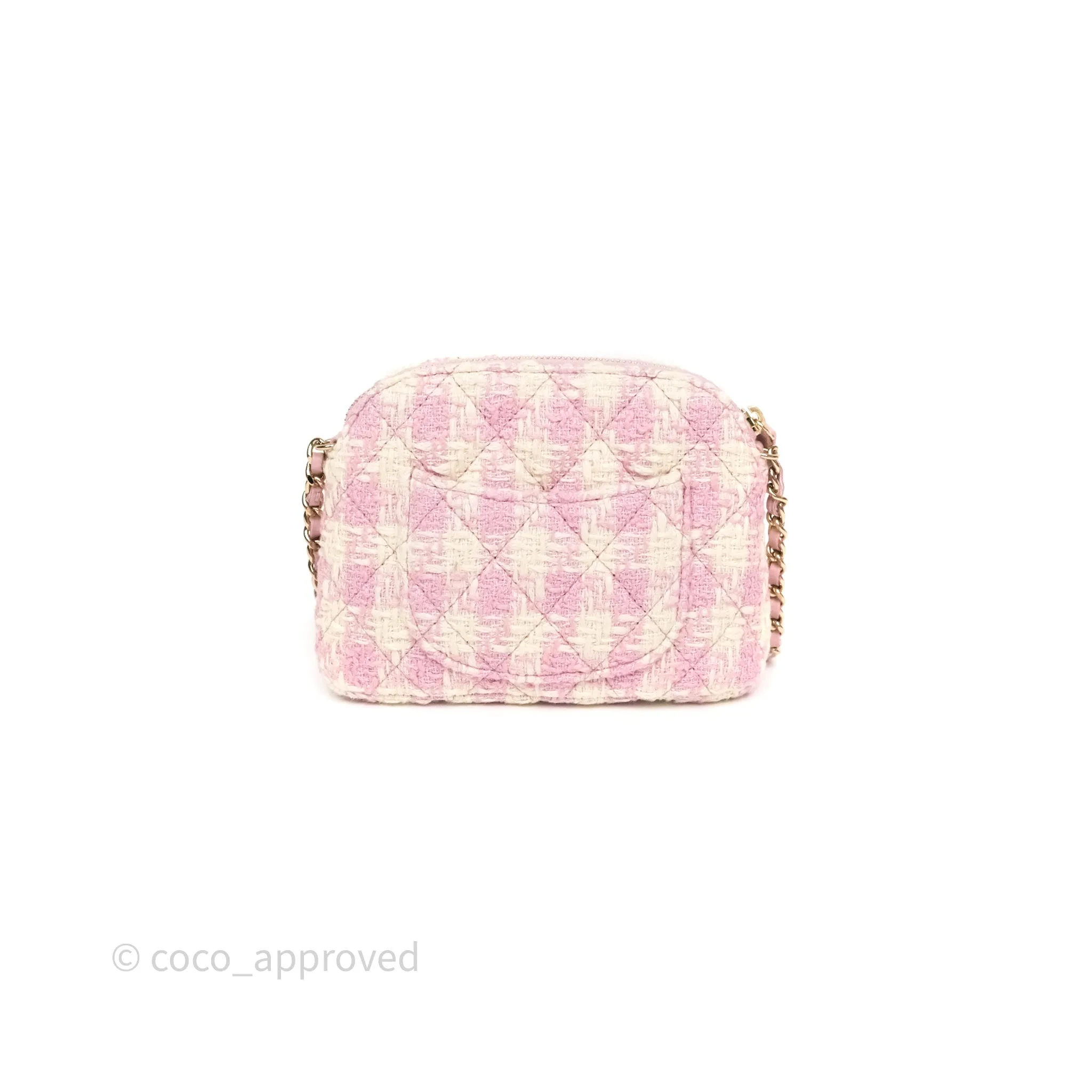 Chanel Mini Pouch On Chain White Pink Houndstooth Tweed Gold Hardware
