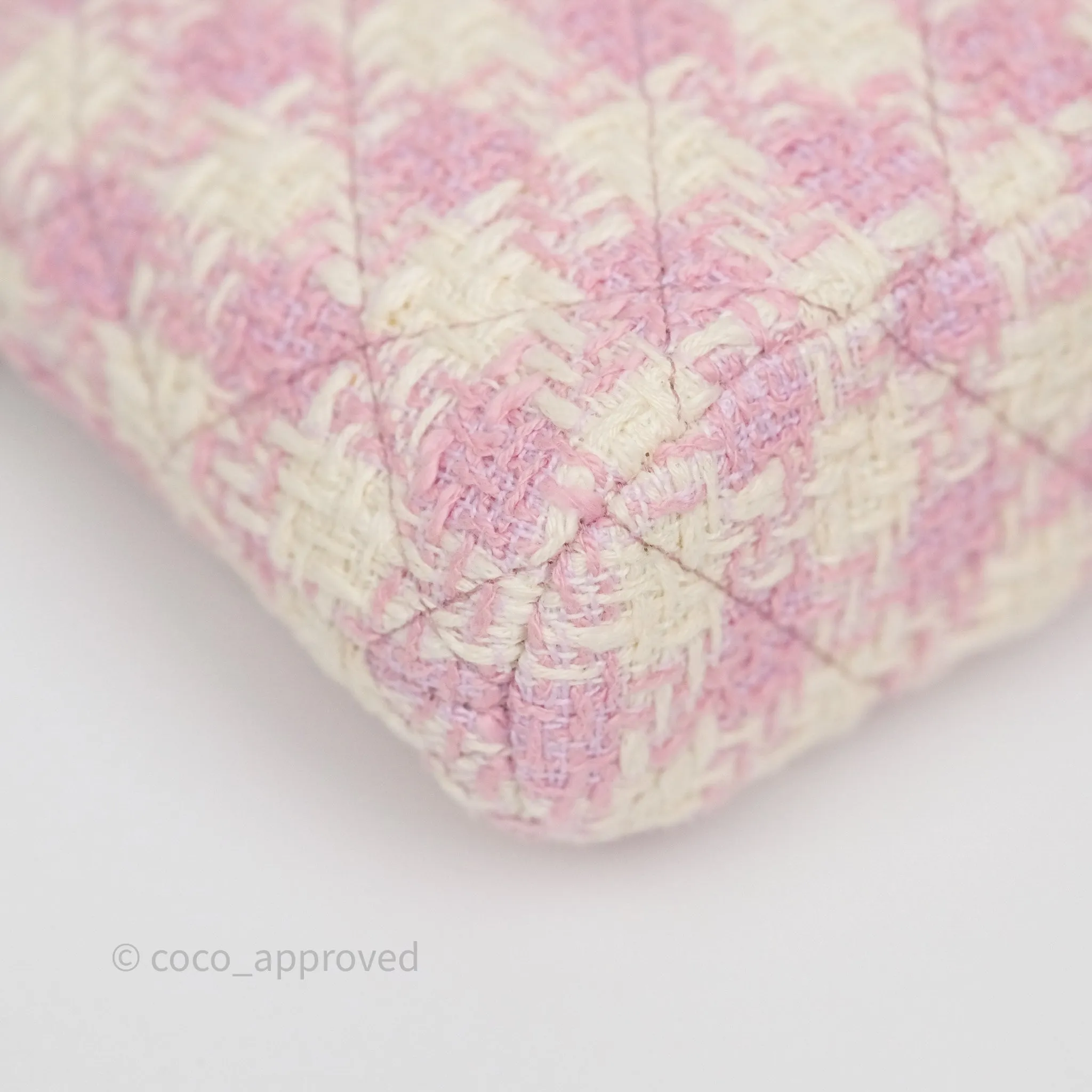 Chanel Mini Pouch On Chain White Pink Houndstooth Tweed Gold Hardware