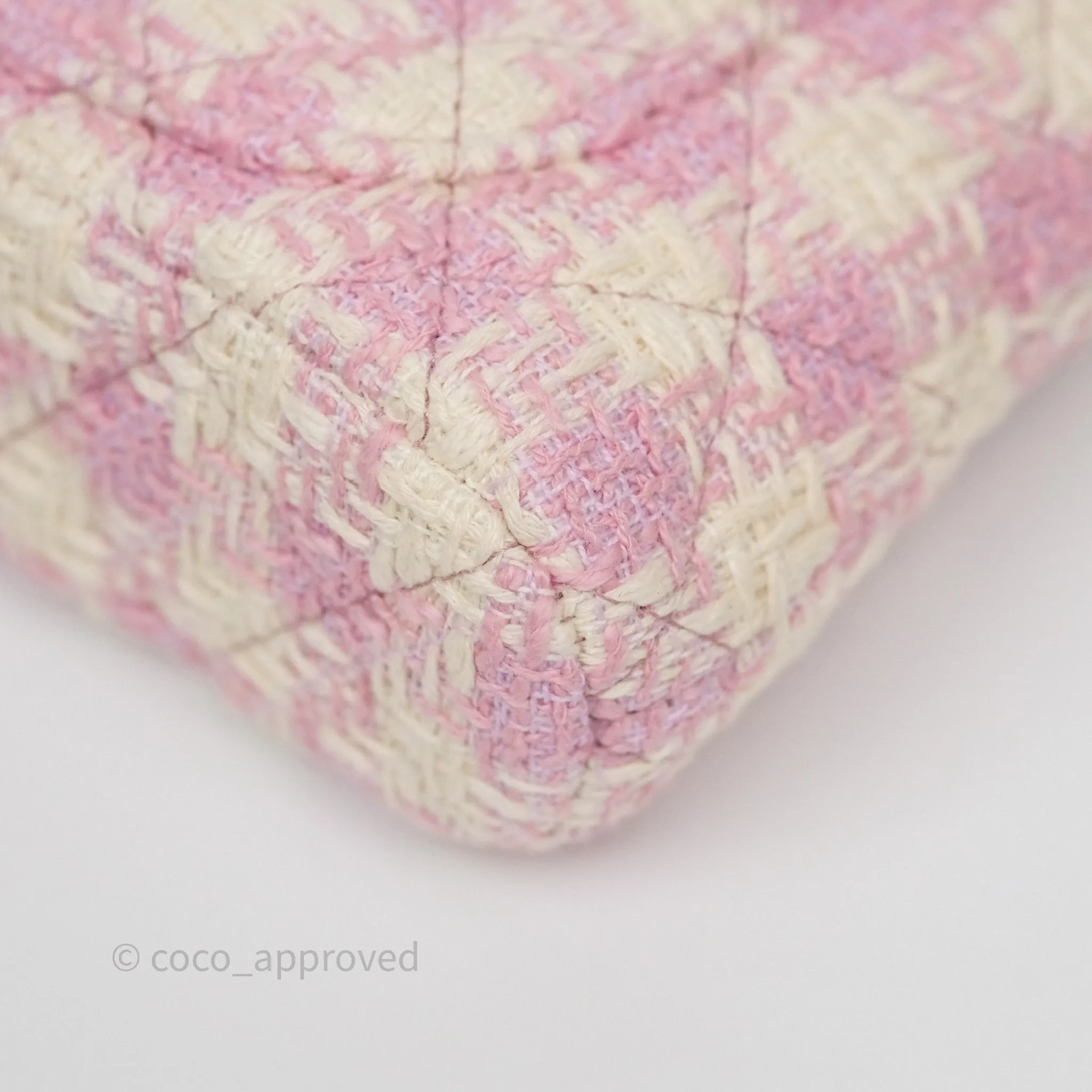Chanel Mini Pouch On Chain White Pink Houndstooth Tweed Gold Hardware