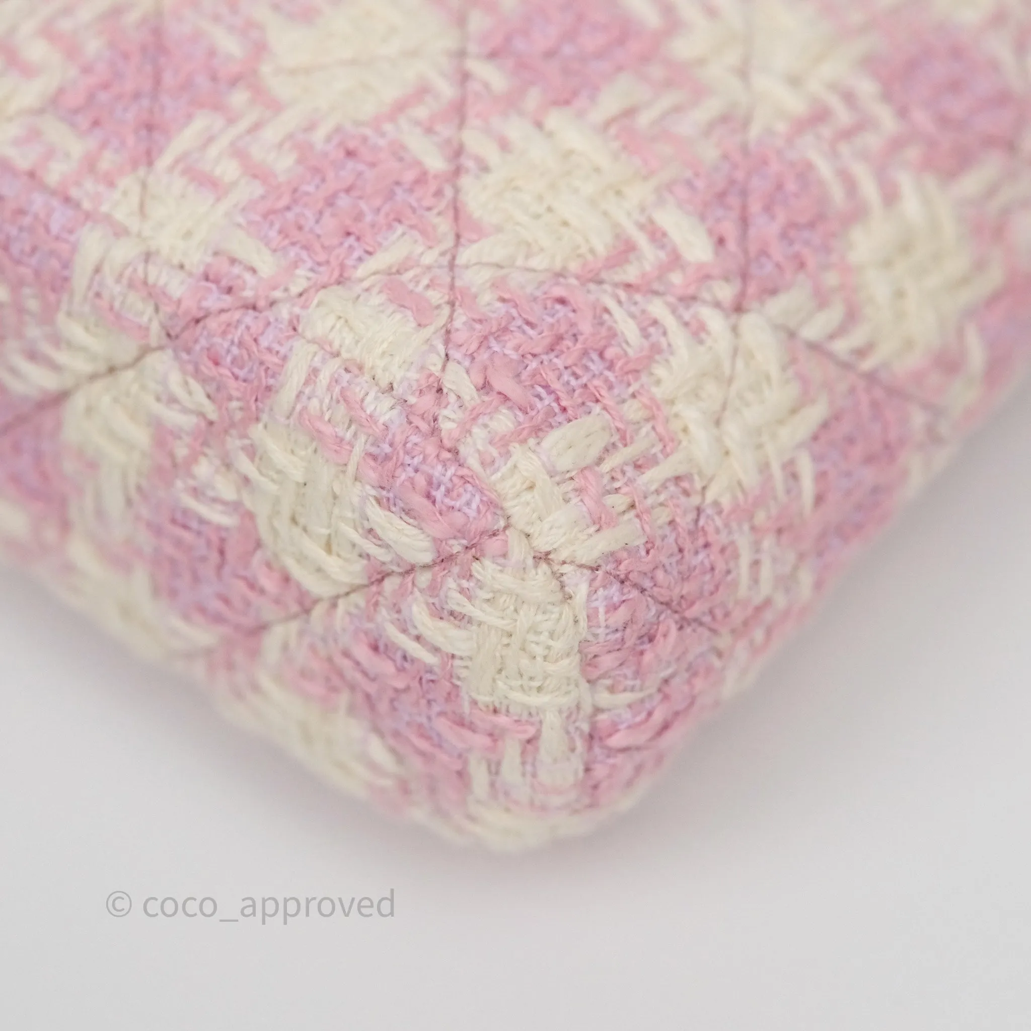 Chanel Mini Pouch On Chain White Pink Houndstooth Tweed Gold Hardware