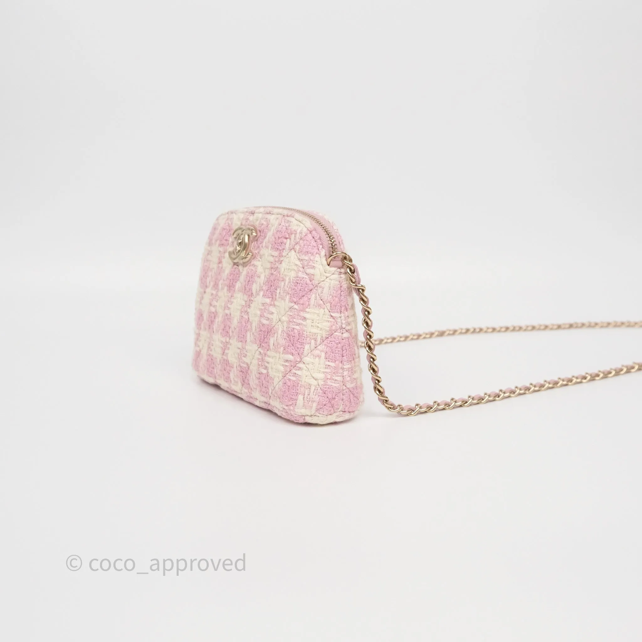 Chanel Mini Pouch On Chain White Pink Houndstooth Tweed Gold Hardware