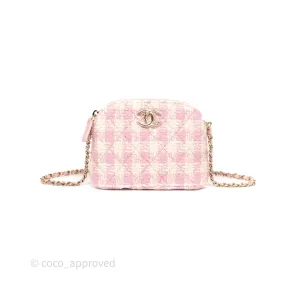 Chanel Mini Pouch On Chain White Pink Houndstooth Tweed Gold Hardware