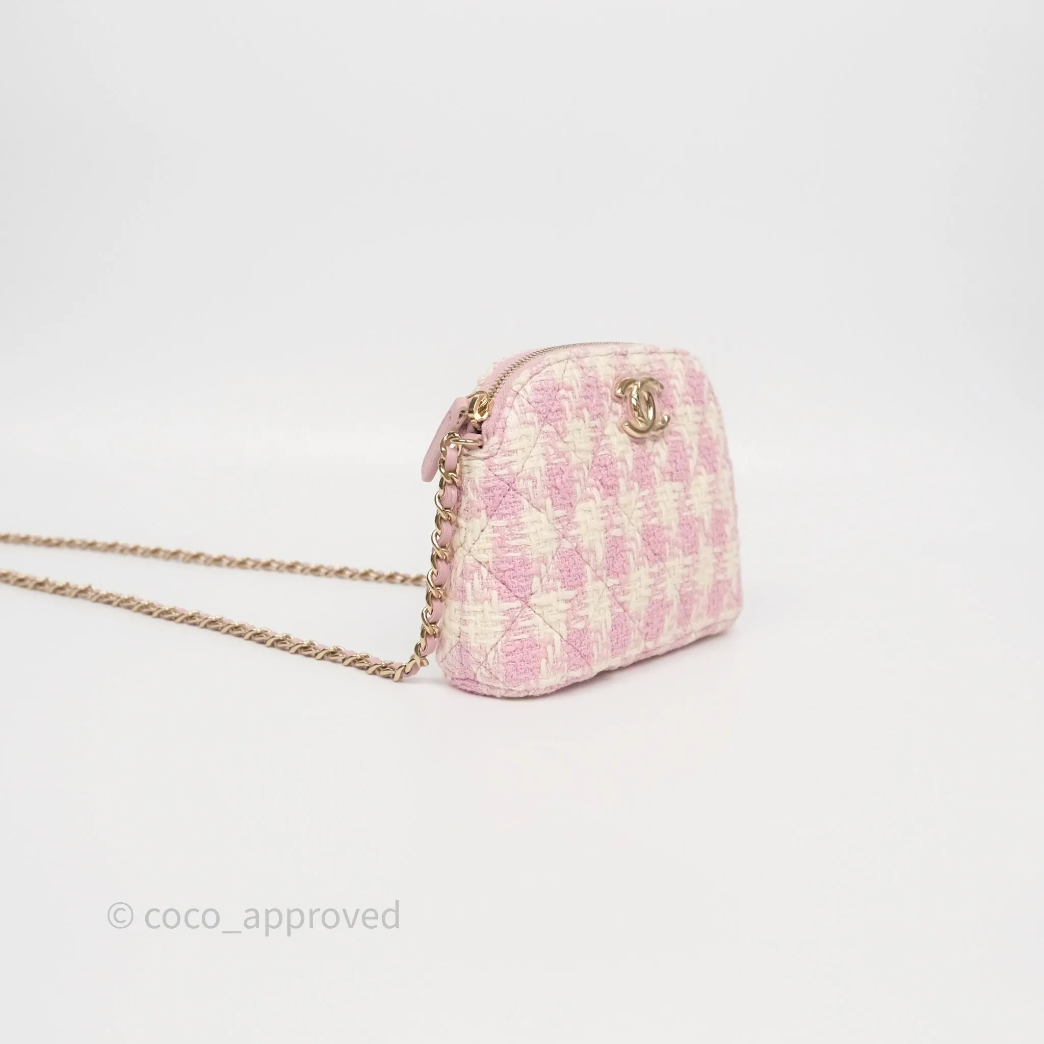 Chanel Mini Pouch On Chain White Pink Houndstooth Tweed Gold Hardware