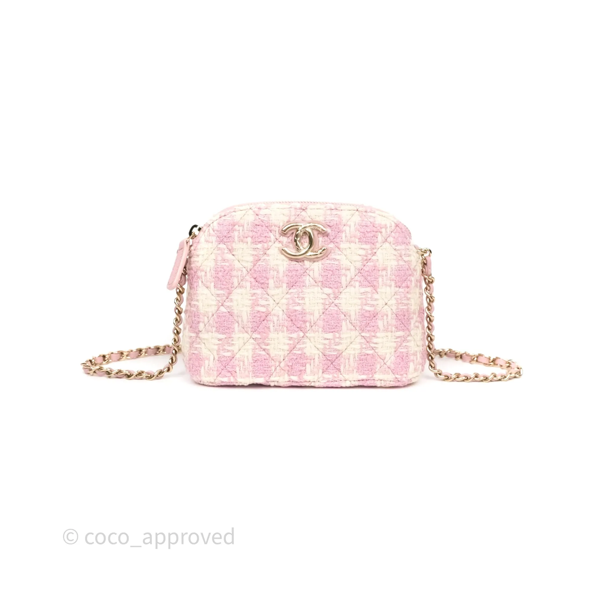 Chanel Mini Pouch On Chain White Pink Houndstooth Tweed Gold Hardware