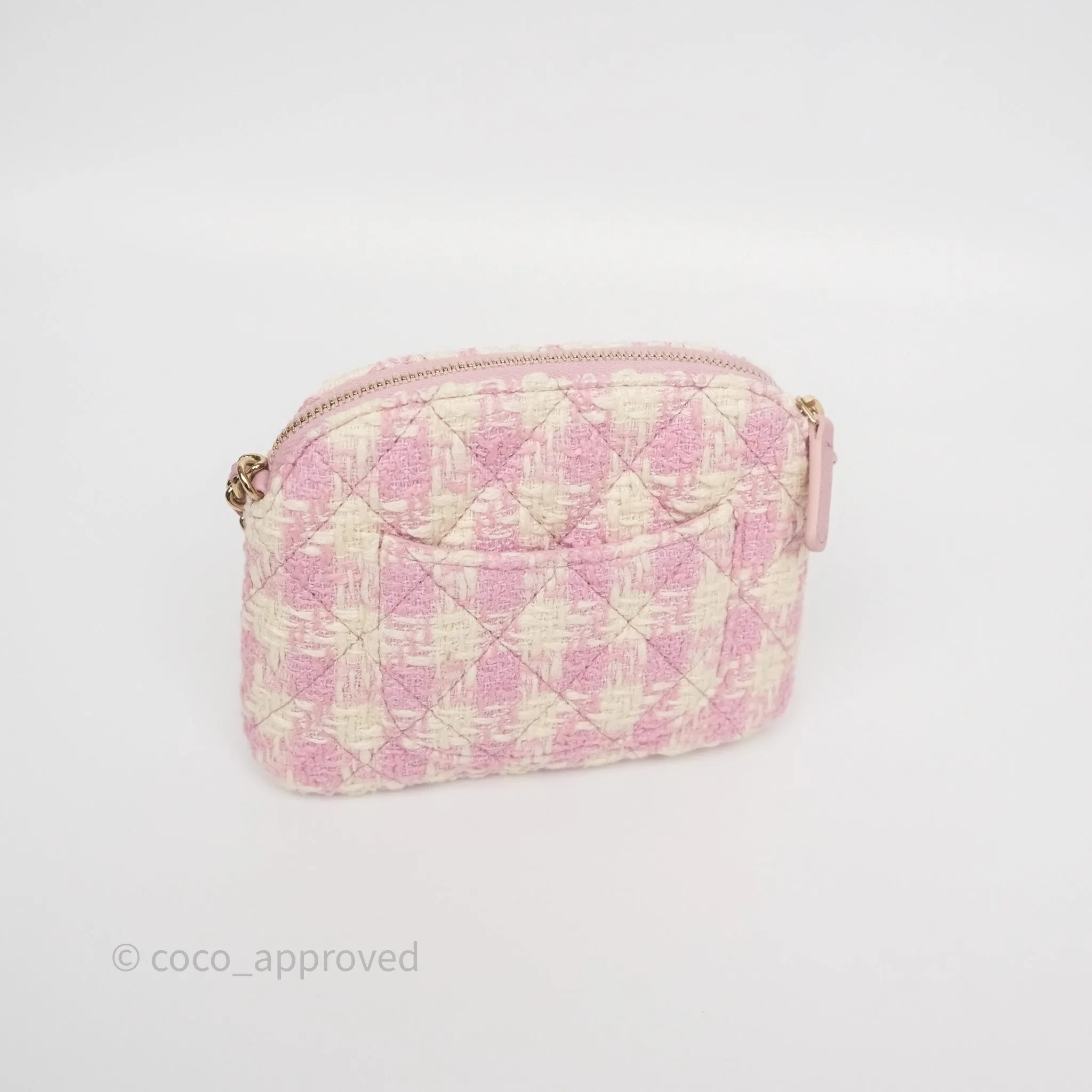 Chanel Mini Pouch On Chain White Pink Houndstooth Tweed Gold Hardware