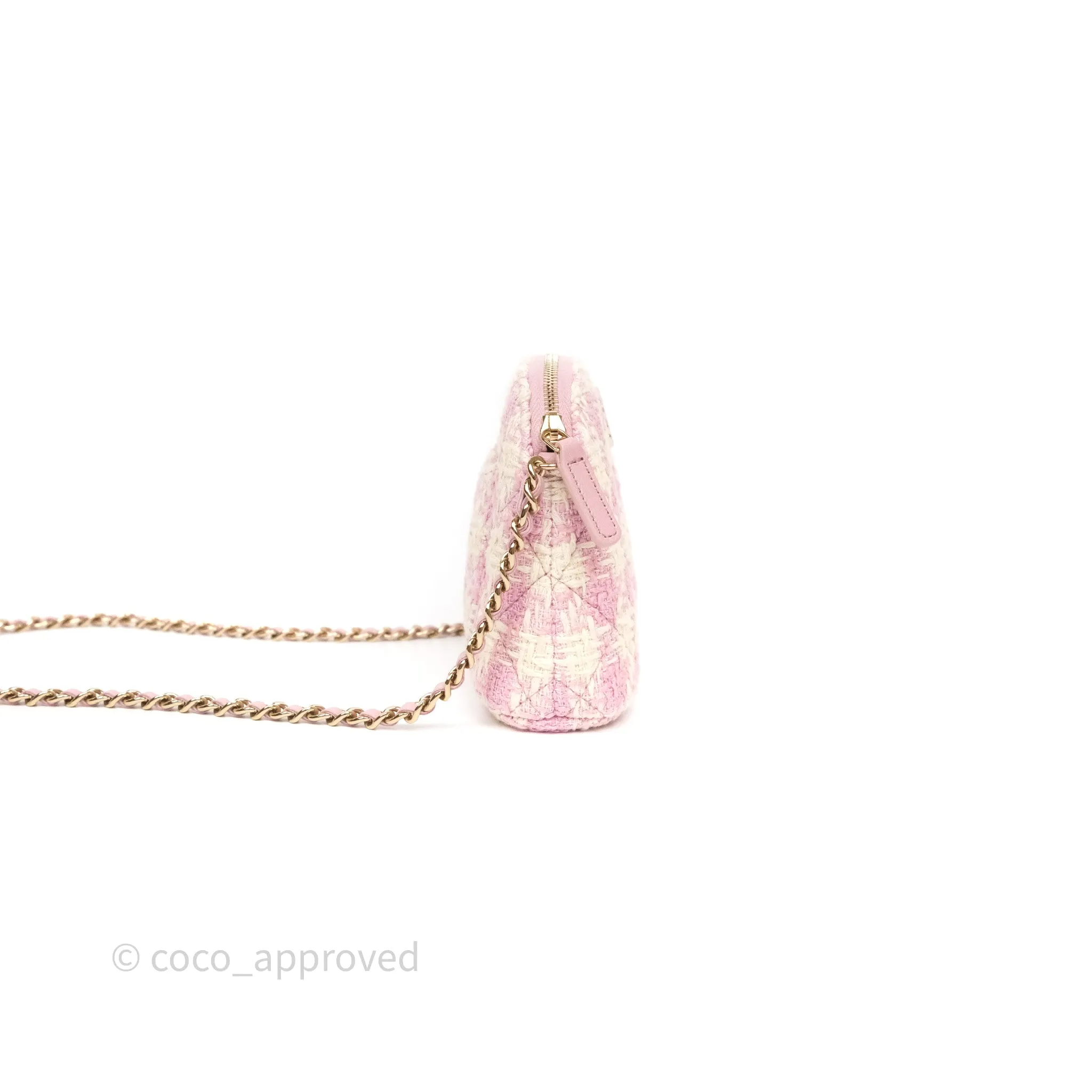 Chanel Mini Pouch On Chain White Pink Houndstooth Tweed Gold Hardware