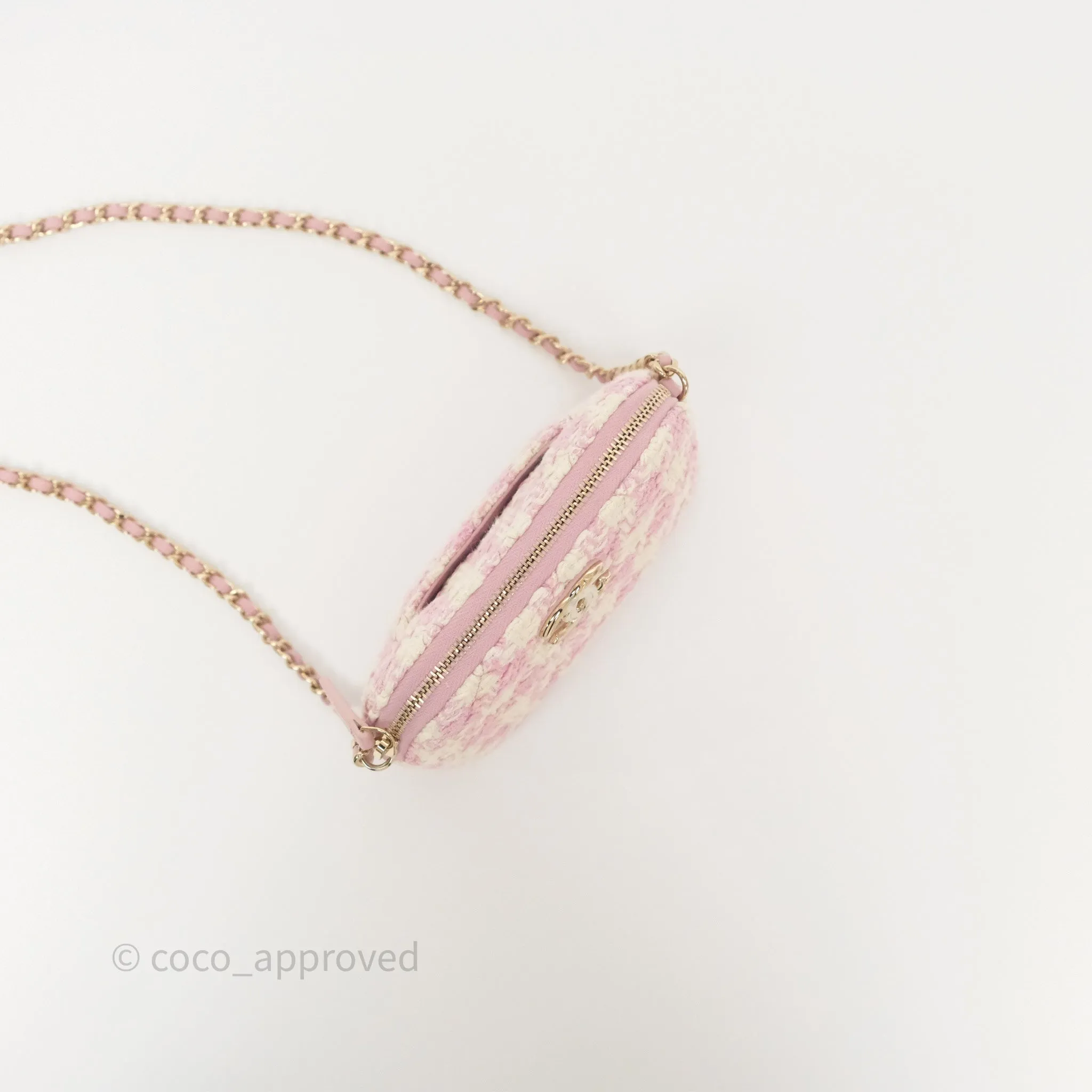 Chanel Mini Pouch On Chain White Pink Houndstooth Tweed Gold Hardware