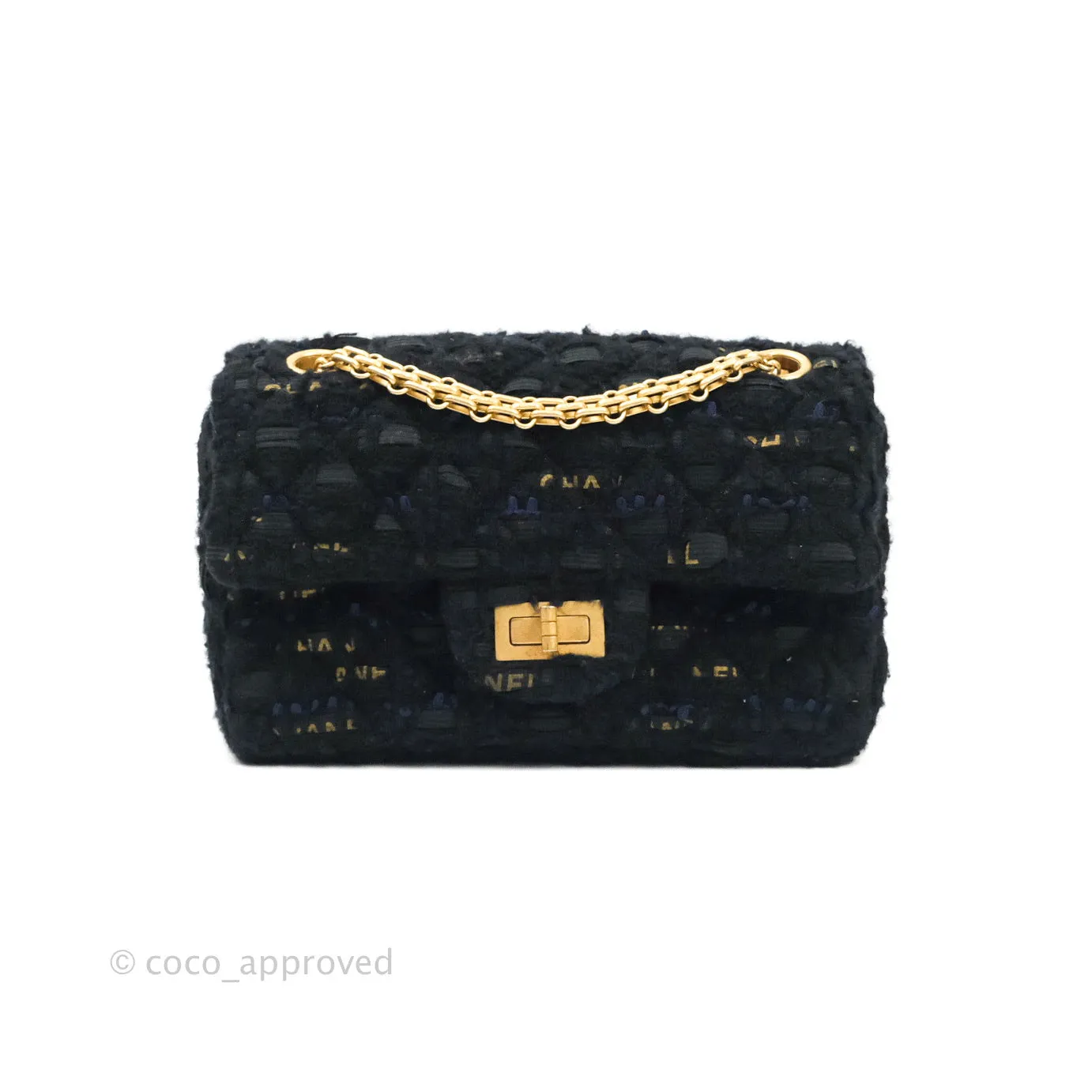 Chanel Mini Reissue 224 Black Navy Tweed Gold Hardware