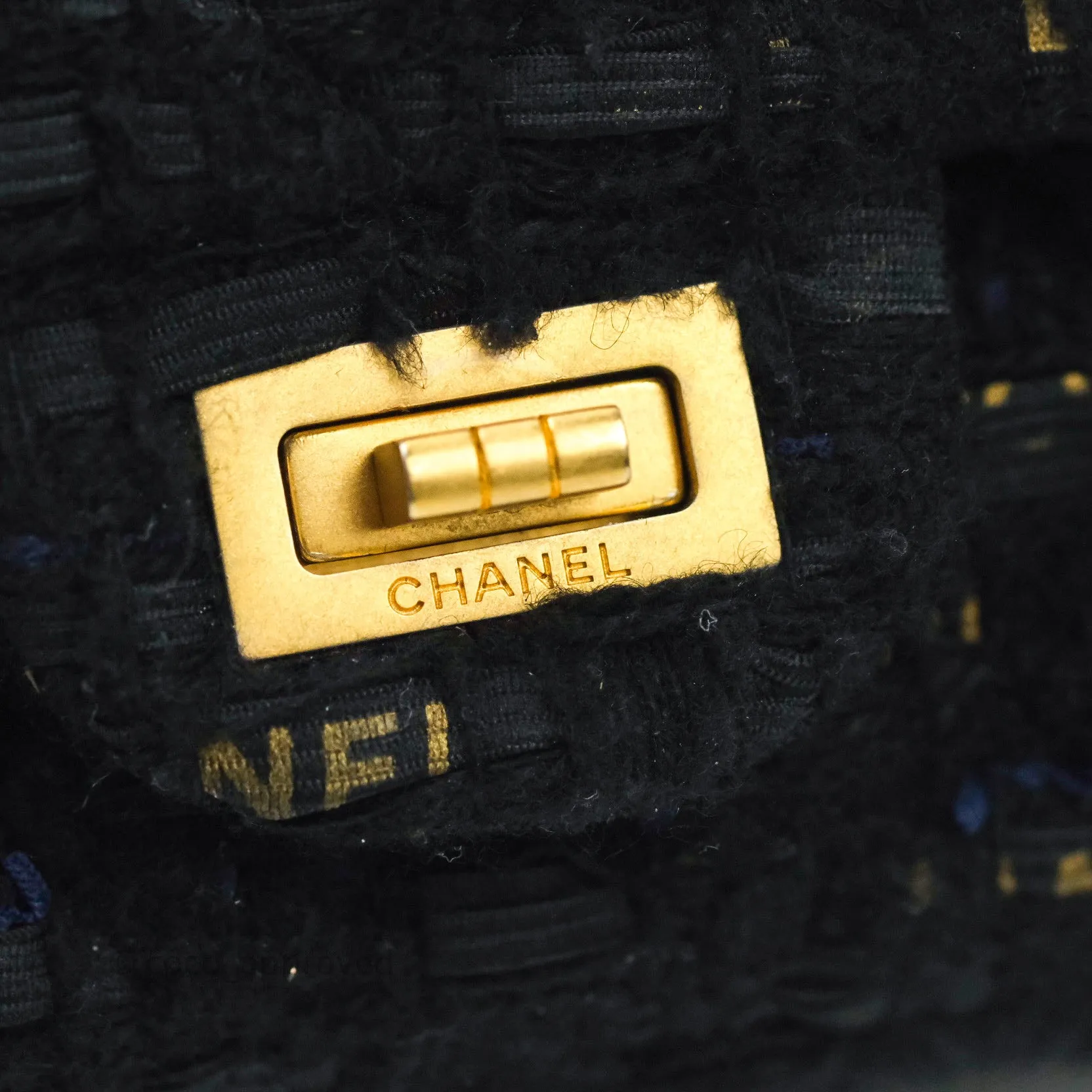 Chanel Mini Reissue 224 Black Navy Tweed Gold Hardware