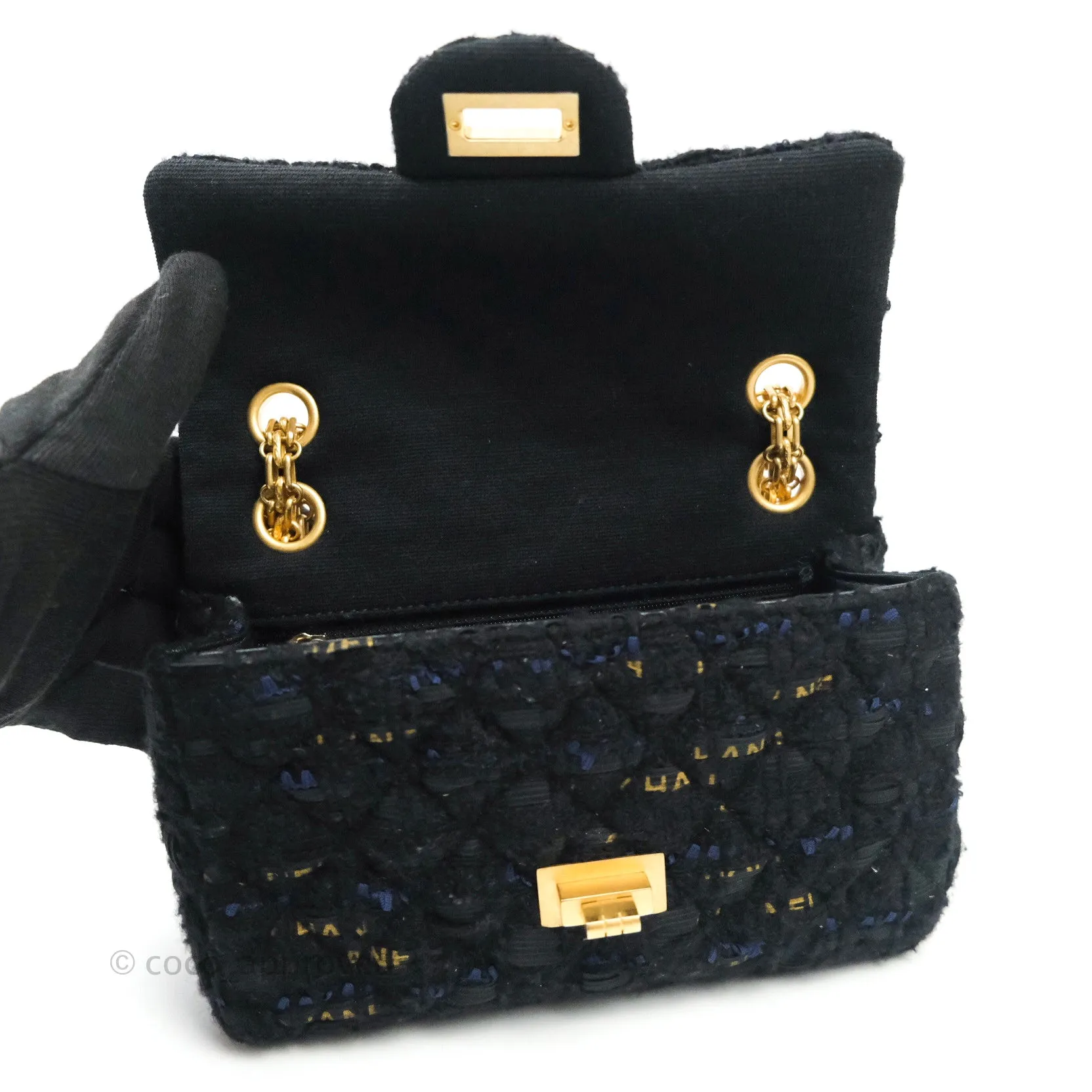 Chanel Mini Reissue 224 Black Navy Tweed Gold Hardware