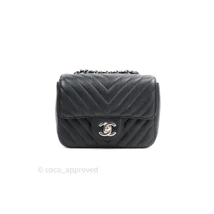 Chanel Mini Square Black Chevron Caviar Silver Hardware