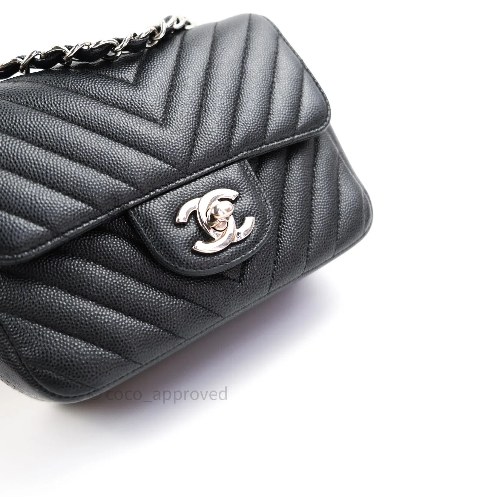 Chanel Mini Square Black Chevron Caviar Silver Hardware