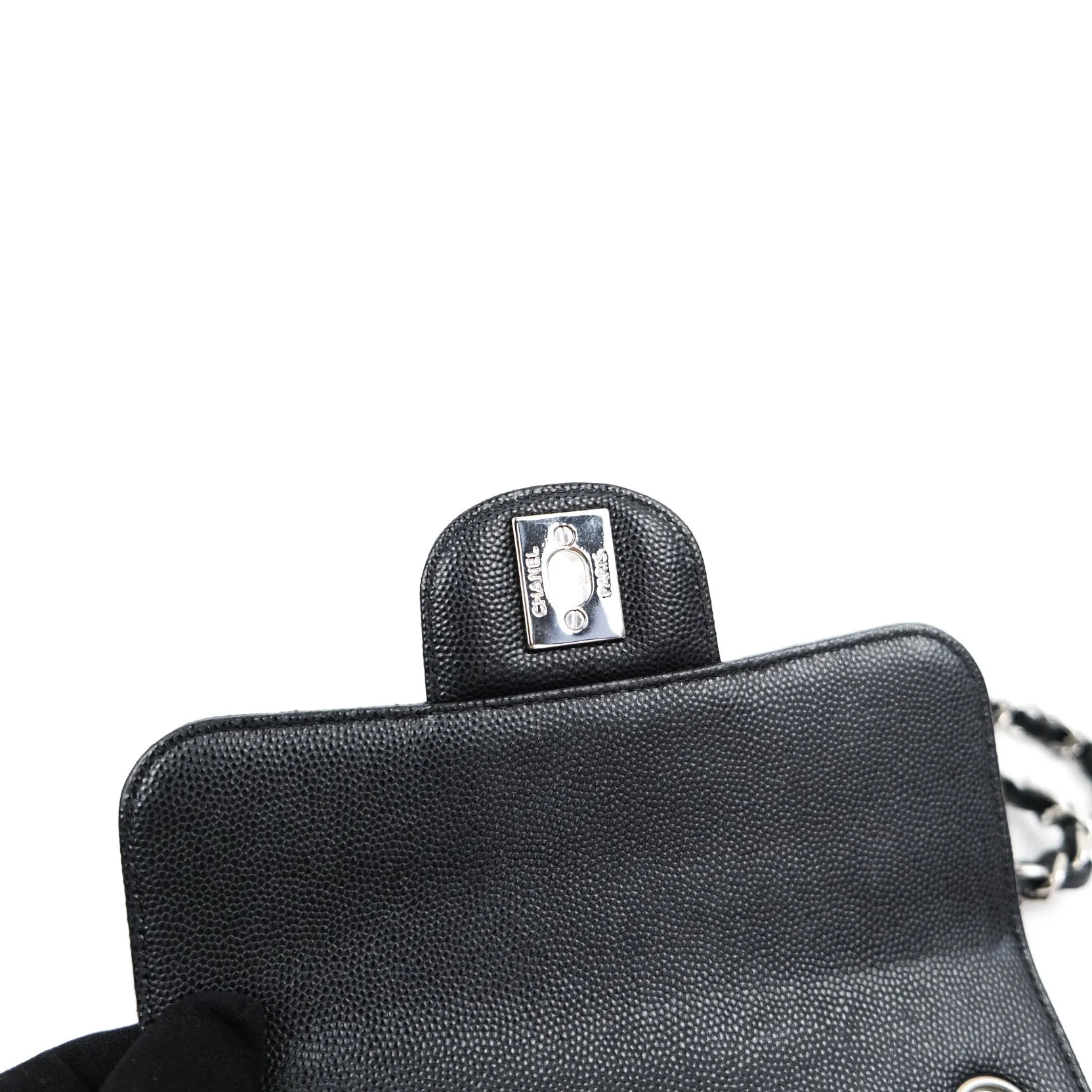 Chanel Mini Square Black Chevron Caviar Silver Hardware