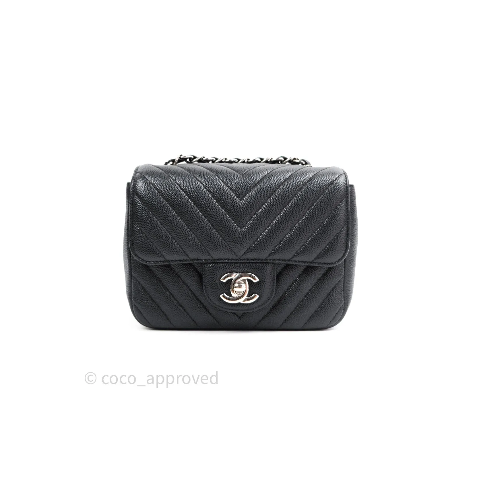 Chanel Mini Square Black Chevron Caviar Silver Hardware