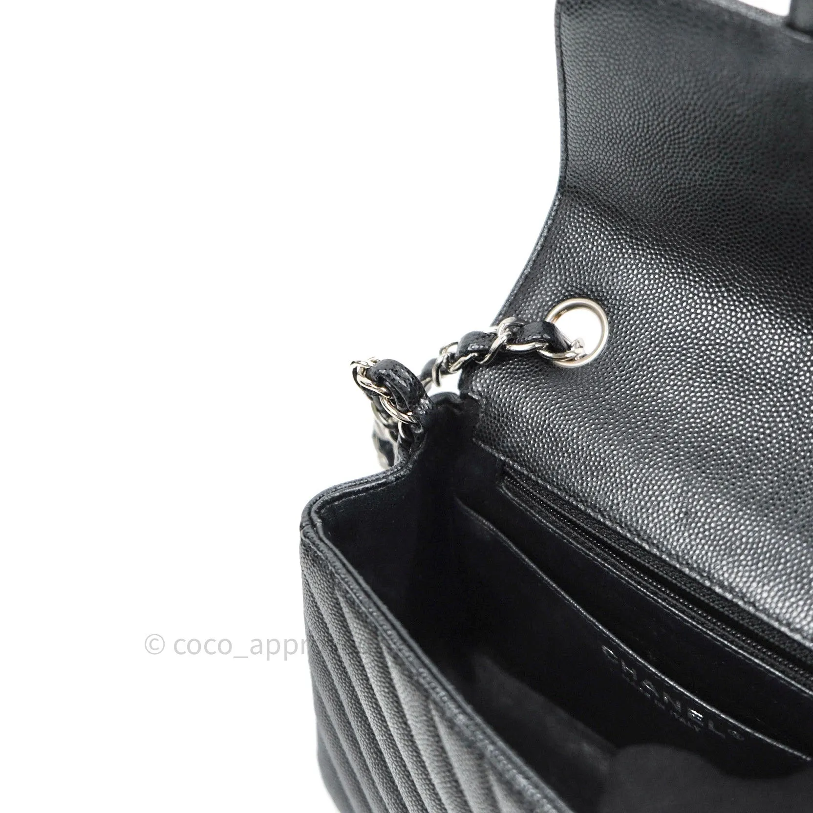Chanel Mini Square Black Chevron Caviar Silver Hardware