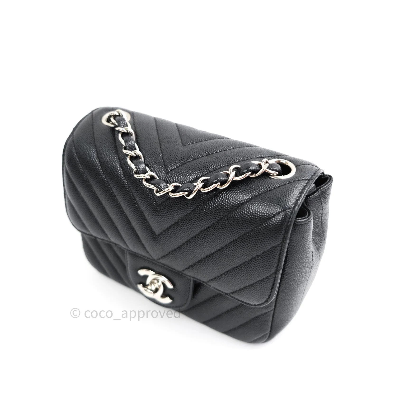 Chanel Mini Square Black Chevron Caviar Silver Hardware