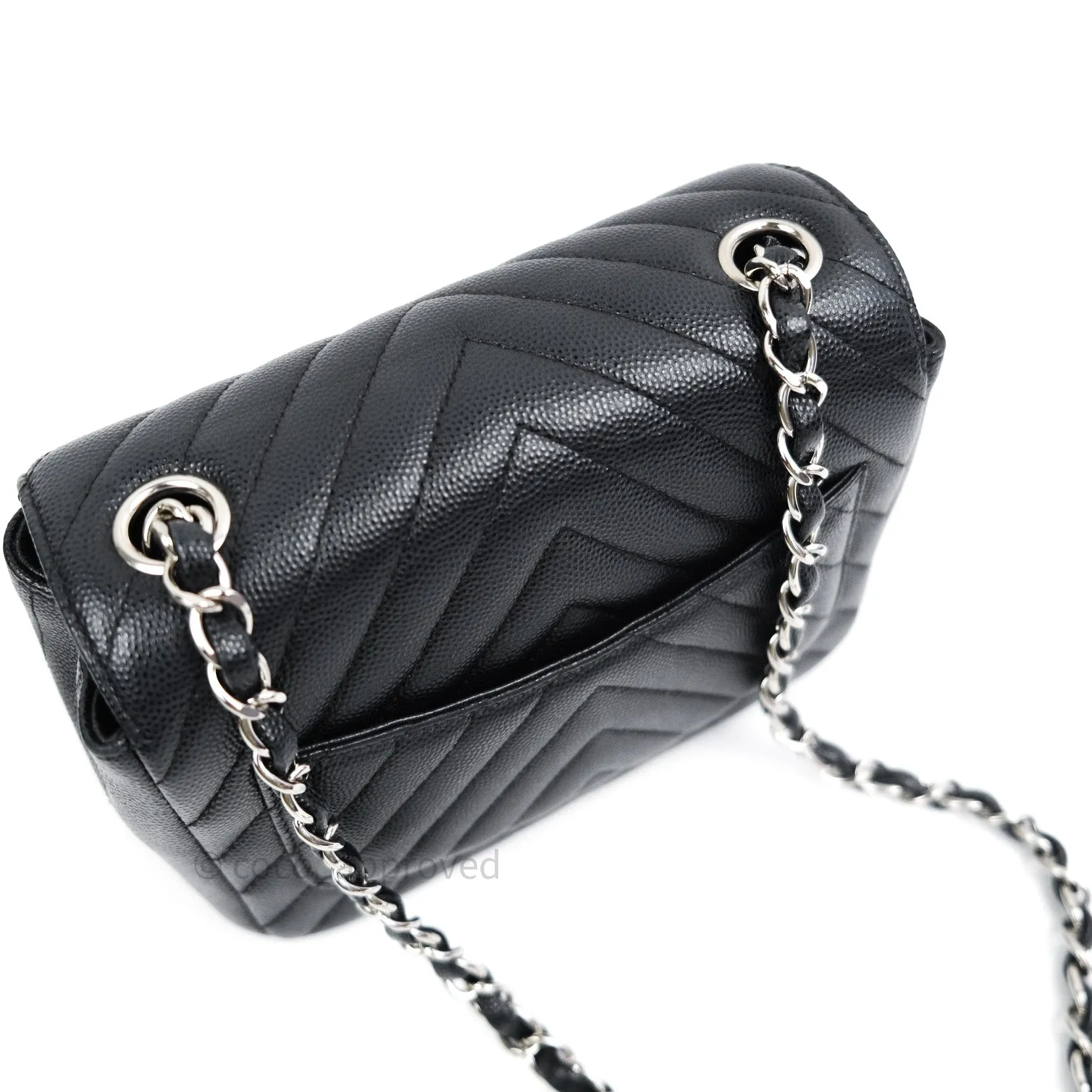 Chanel Mini Square Black Chevron Caviar Silver Hardware