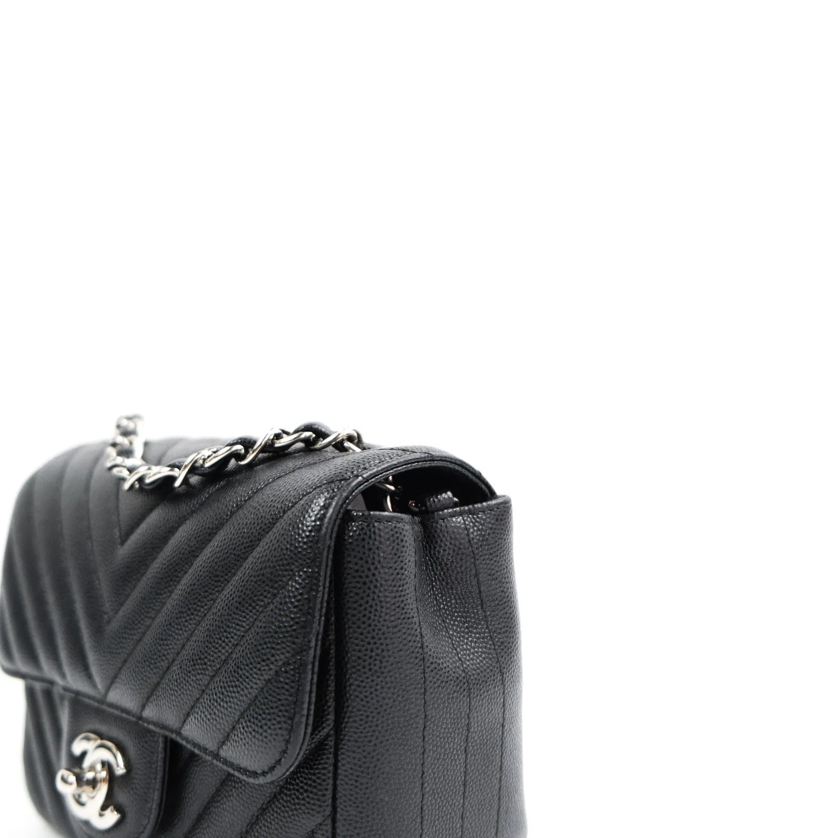 Chanel Mini Square Black Chevron Caviar Silver Hardware