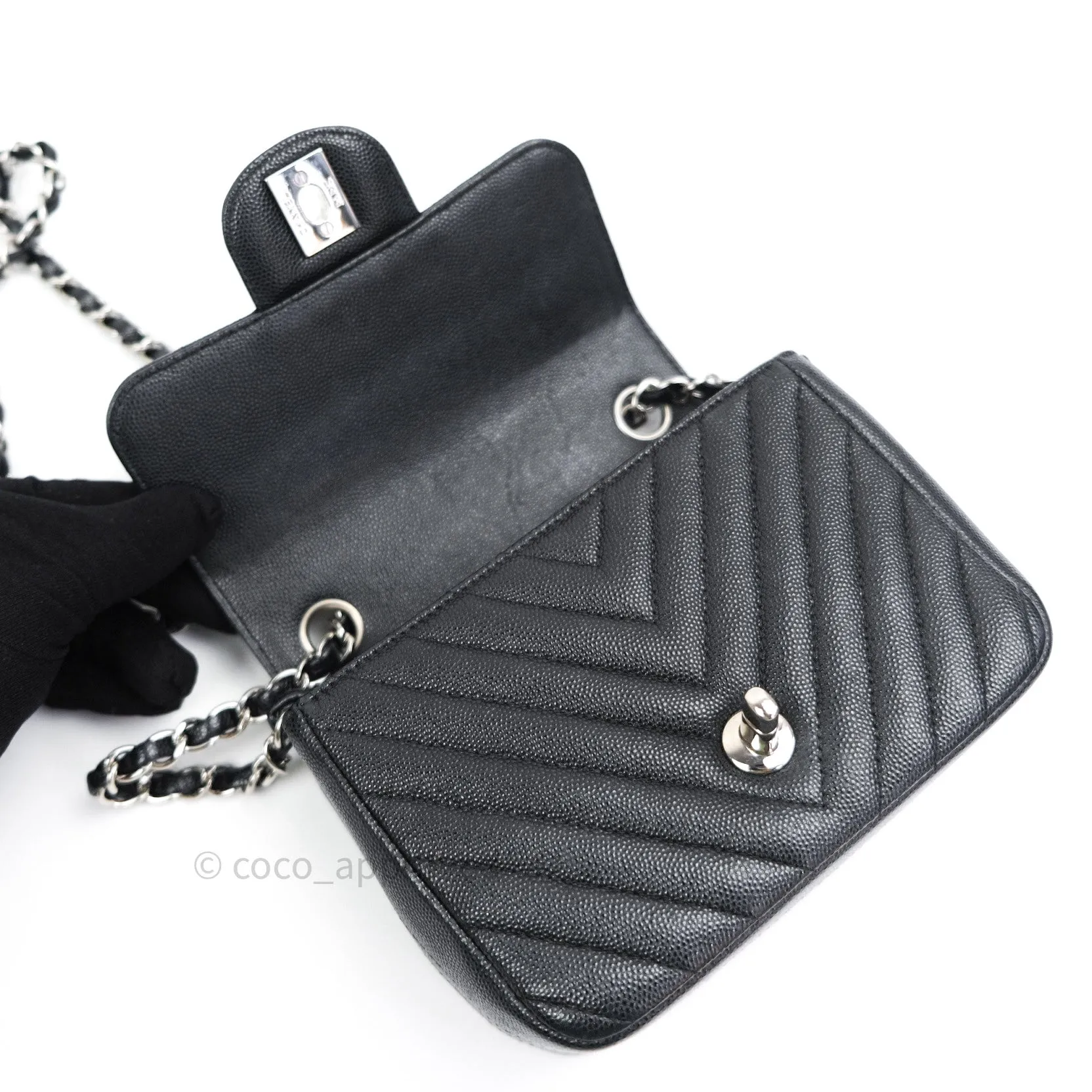 Chanel Mini Square Black Chevron Caviar Silver Hardware