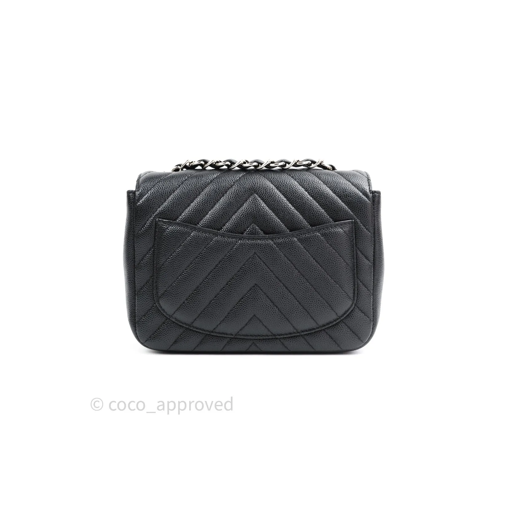 Chanel Mini Square Black Chevron Caviar Silver Hardware