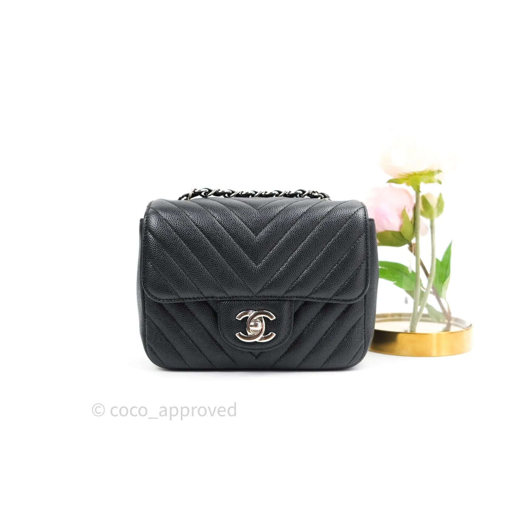 Chanel Mini Square Black Chevron Caviar Silver Hardware