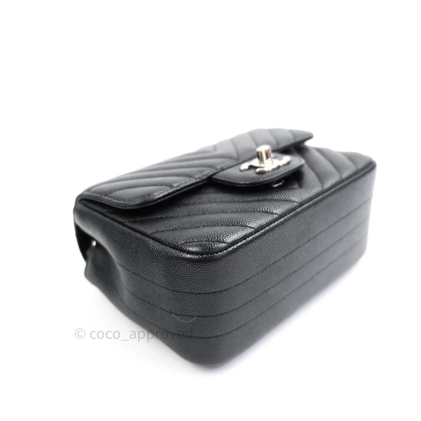 Chanel Mini Square Black Chevron Caviar Silver Hardware