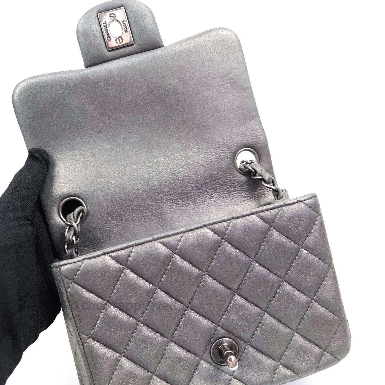 Chanel Mini Square Charcoal Grey Goatskin Ruthenium Hardware