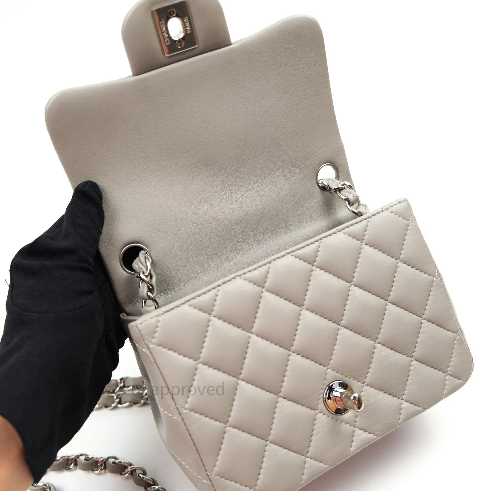 Chanel Mini Square Grey Lambskin Silver Hardware 19B