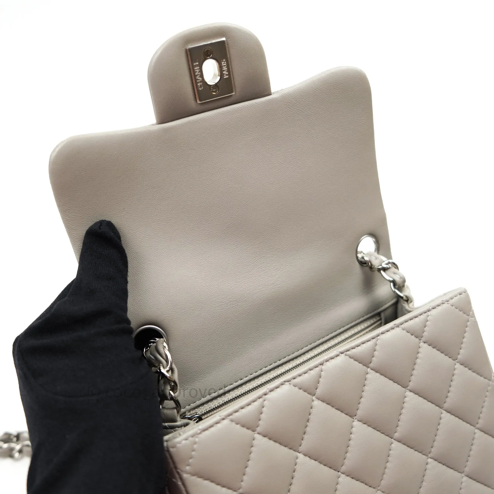 Chanel Mini Square Grey Lambskin Silver Hardware 19B