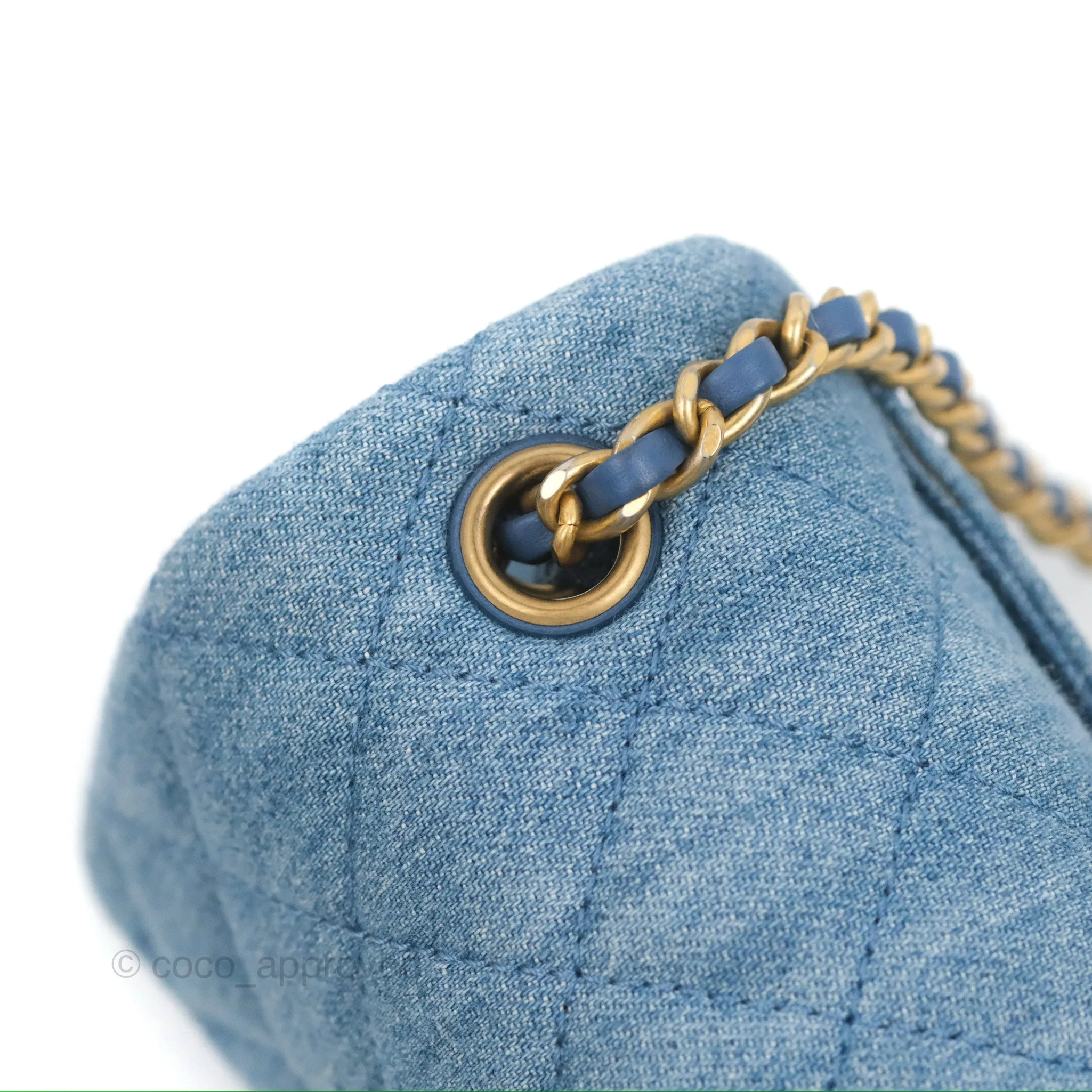 Chanel Mini Square Pearl Crush Quilted Denim Aged Gold Hardware