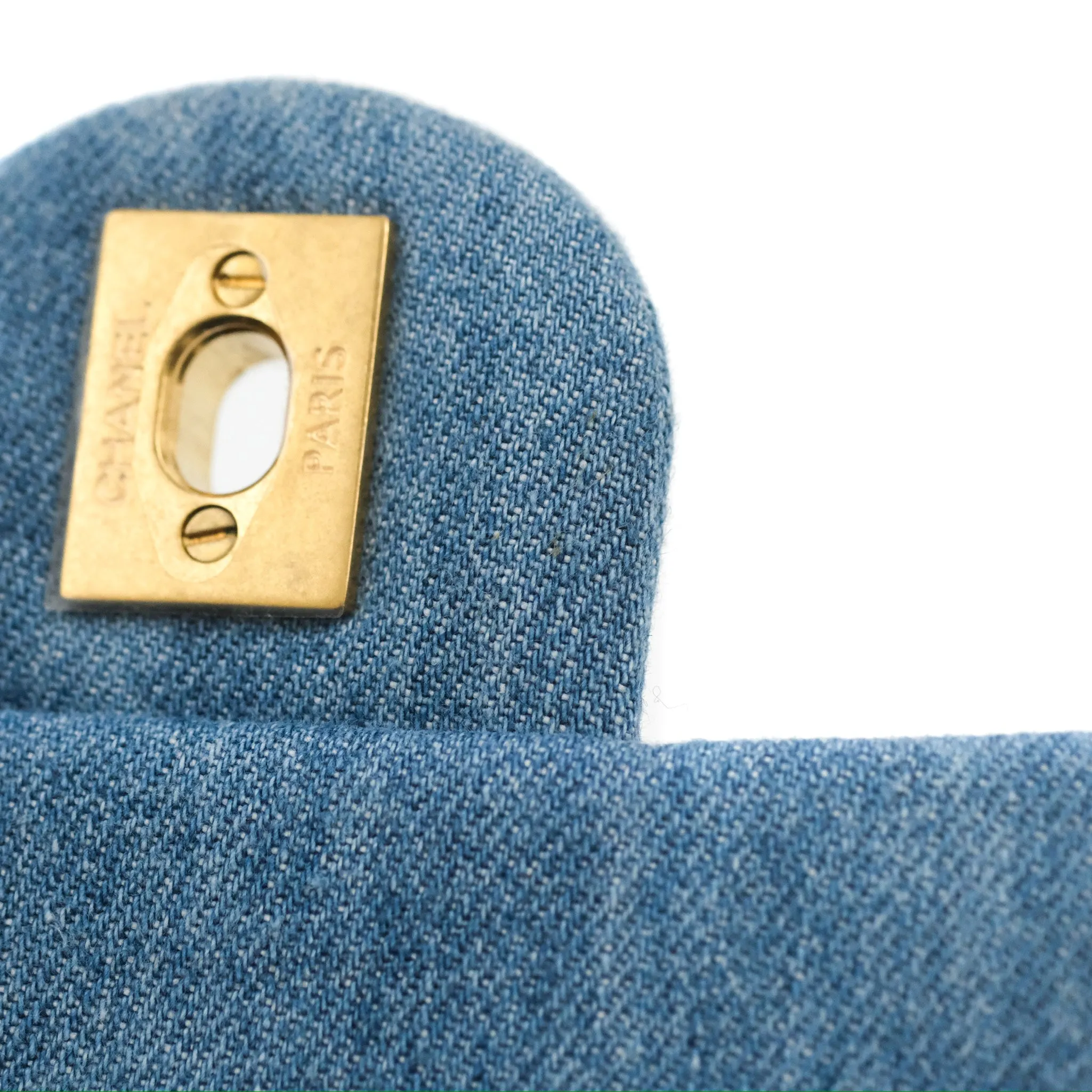 Chanel Mini Square Pearl Crush Quilted Denim Aged Gold Hardware
