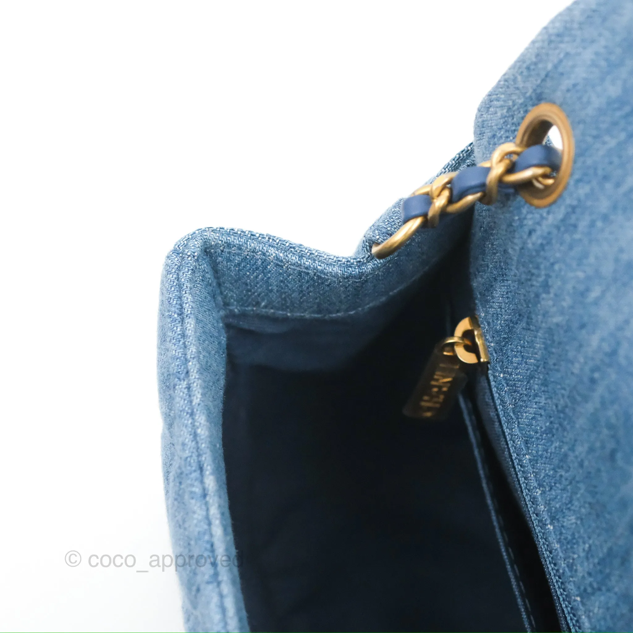 Chanel Mini Square Pearl Crush Quilted Denim Aged Gold Hardware