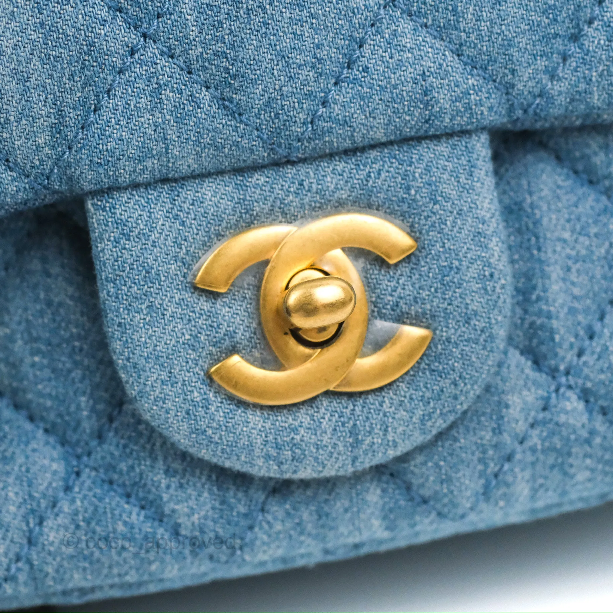 Chanel Mini Square Pearl Crush Quilted Denim Aged Gold Hardware