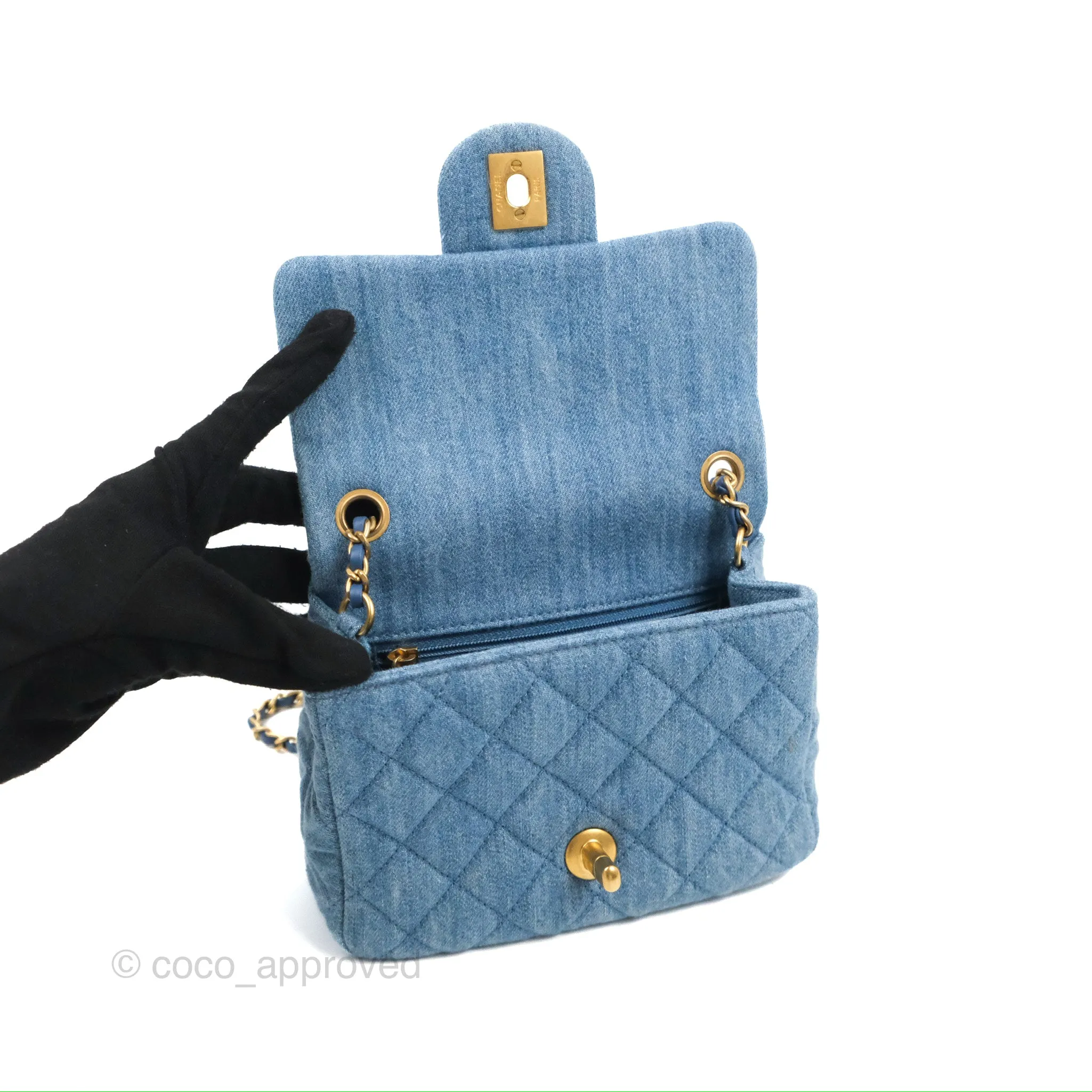 Chanel Mini Square Pearl Crush Quilted Denim Aged Gold Hardware
