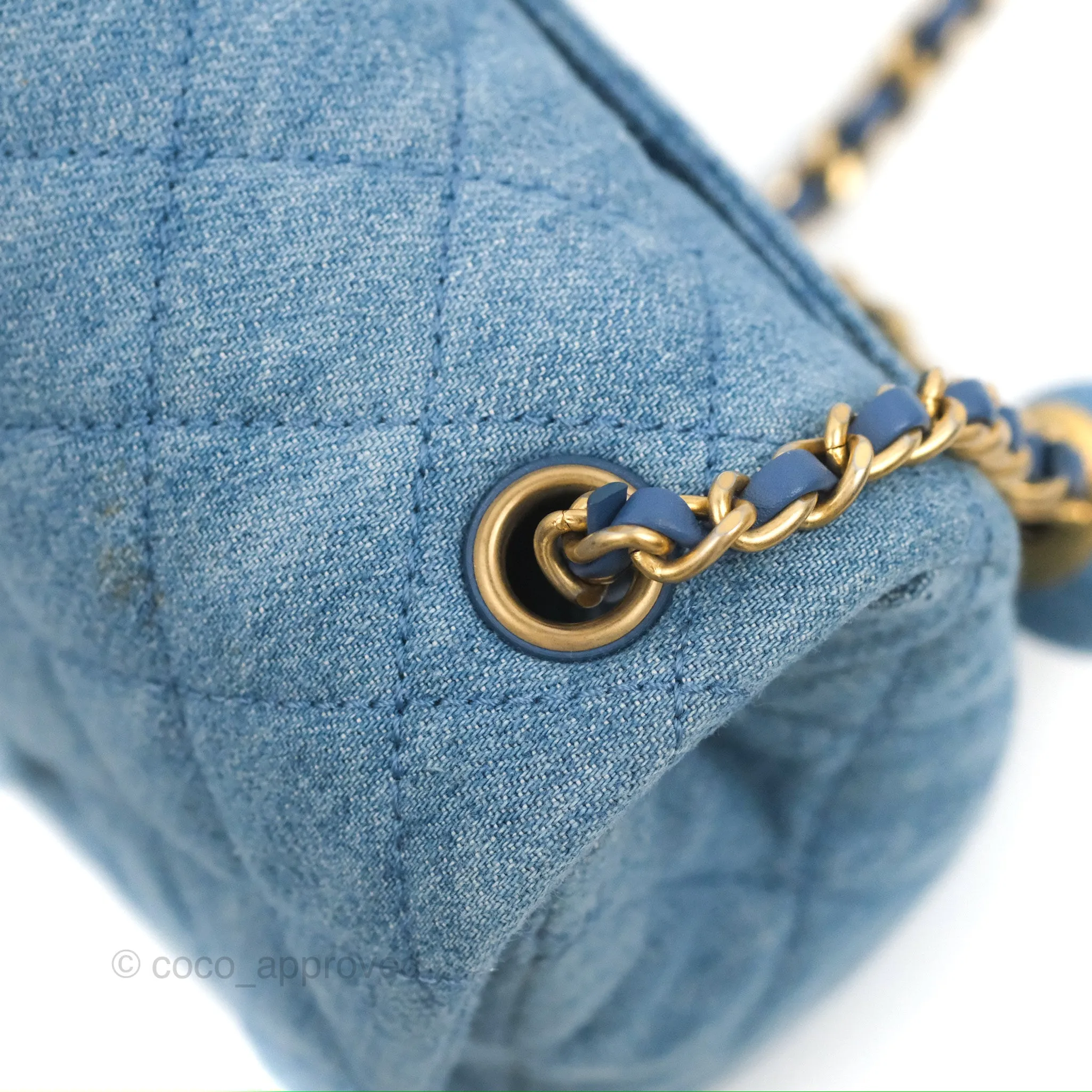 Chanel Mini Square Pearl Crush Quilted Denim Aged Gold Hardware