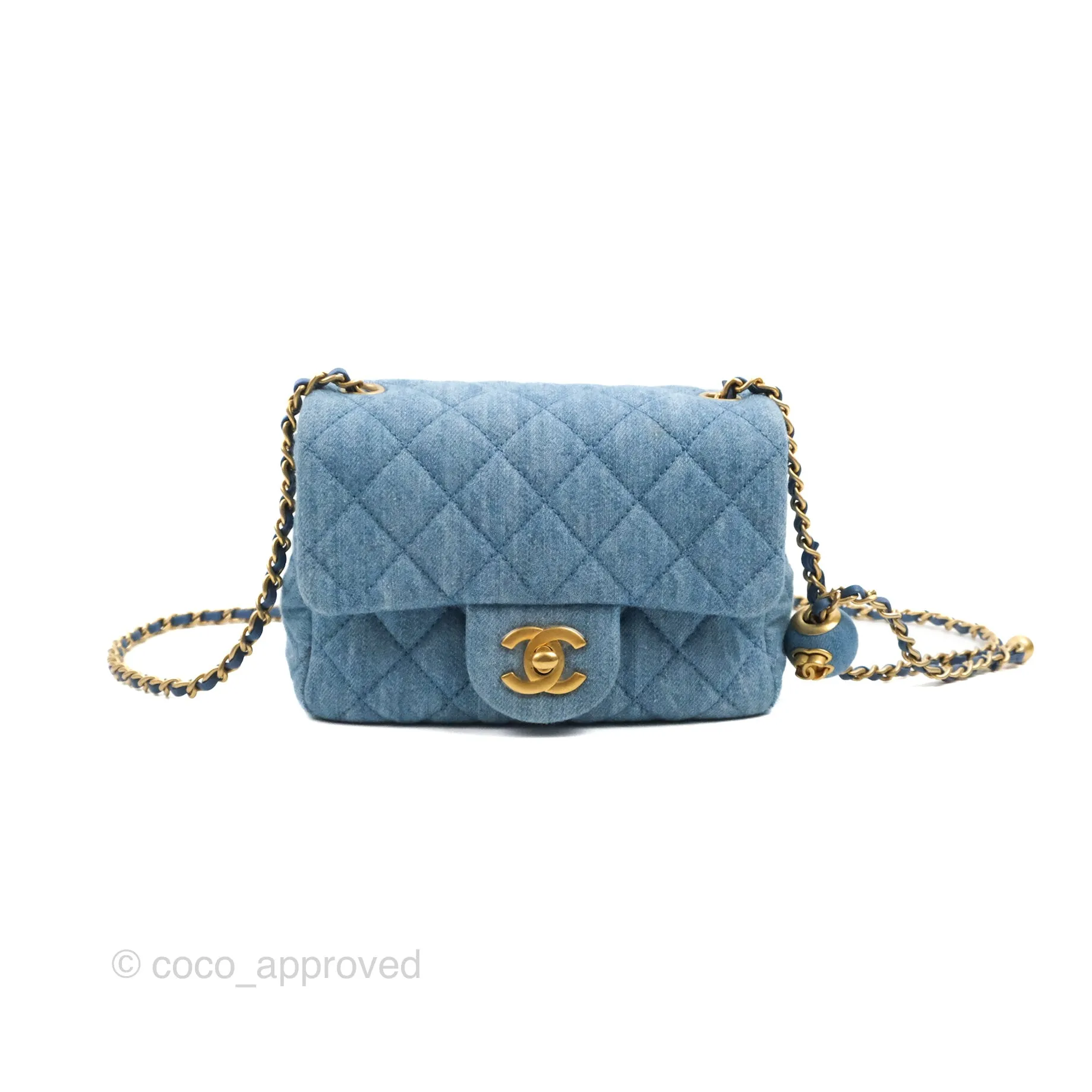 Chanel Mini Square Pearl Crush Quilted Denim Aged Gold Hardware