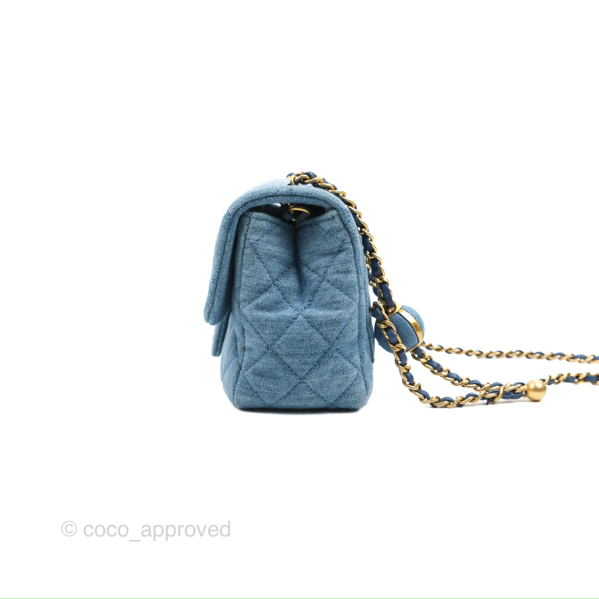 Chanel Mini Square Pearl Crush Quilted Denim Aged Gold Hardware