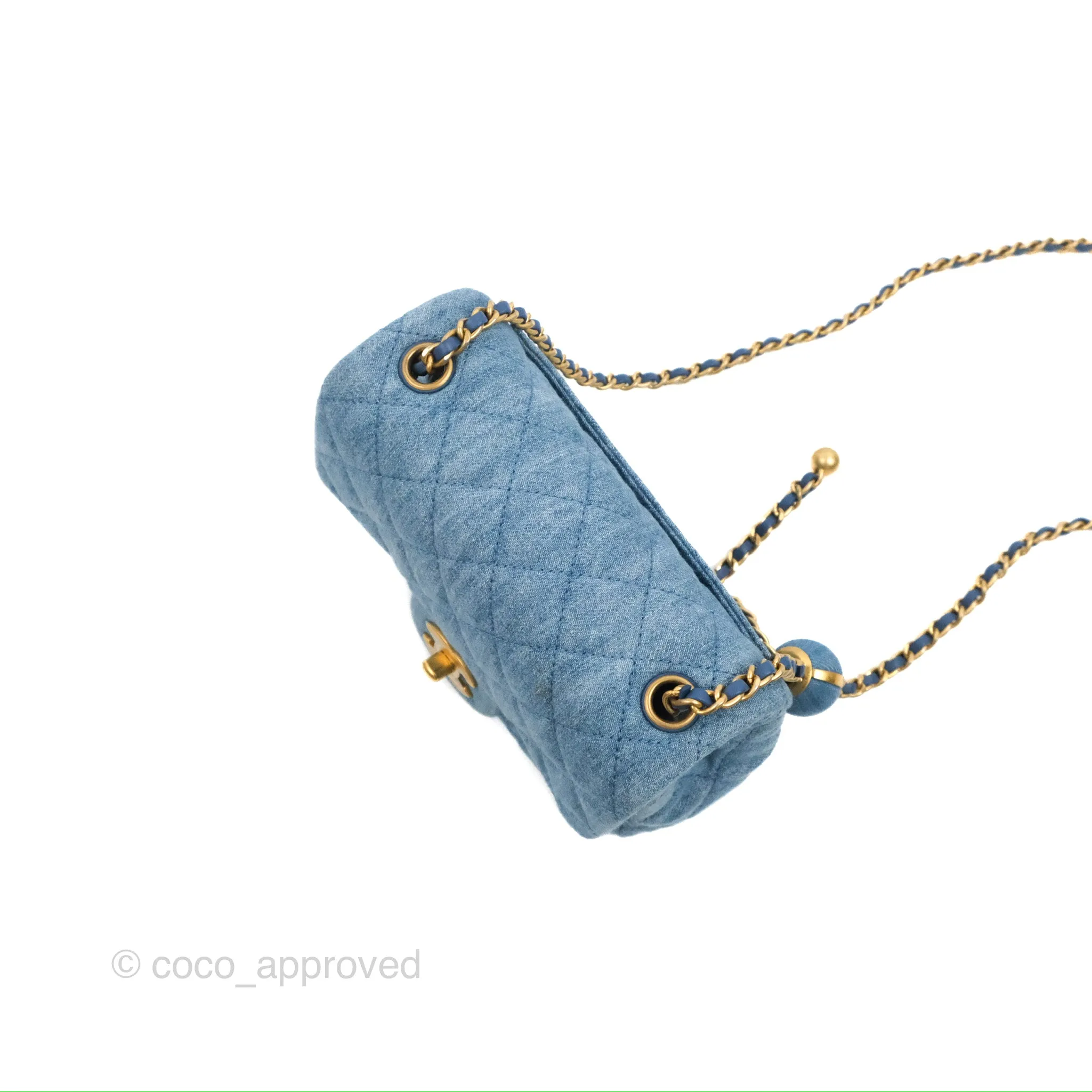Chanel Mini Square Pearl Crush Quilted Denim Aged Gold Hardware