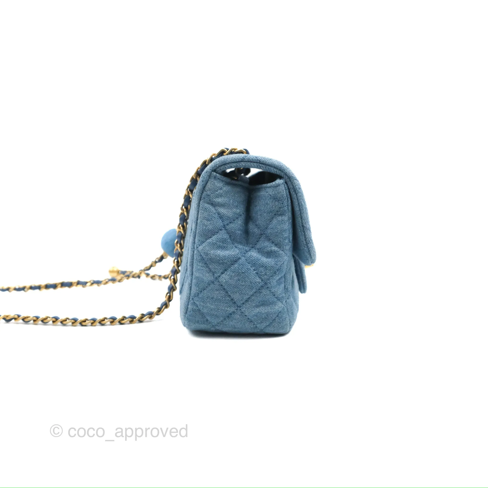 Chanel Mini Square Pearl Crush Quilted Denim Aged Gold Hardware