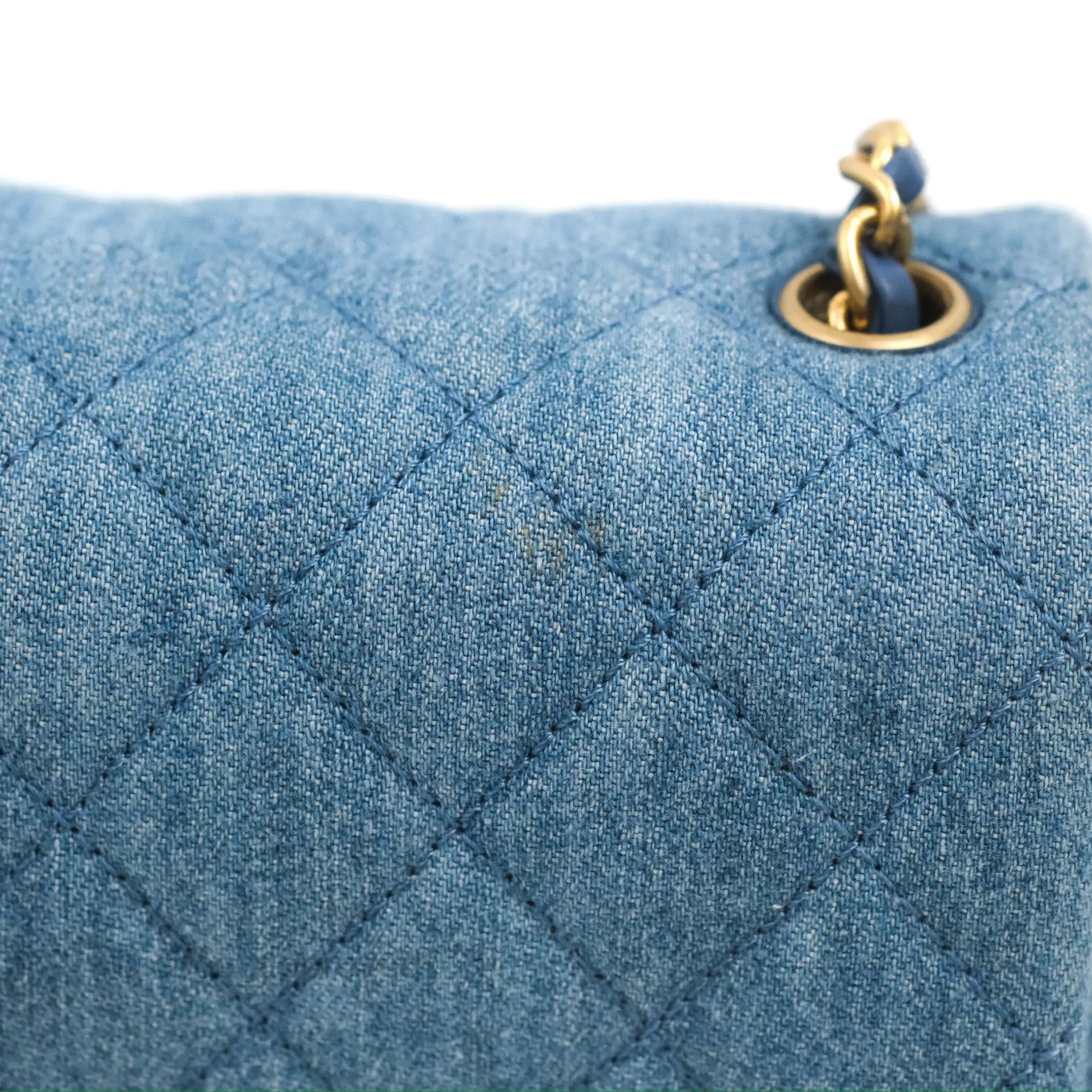 Chanel Mini Square Pearl Crush Quilted Denim Aged Gold Hardware