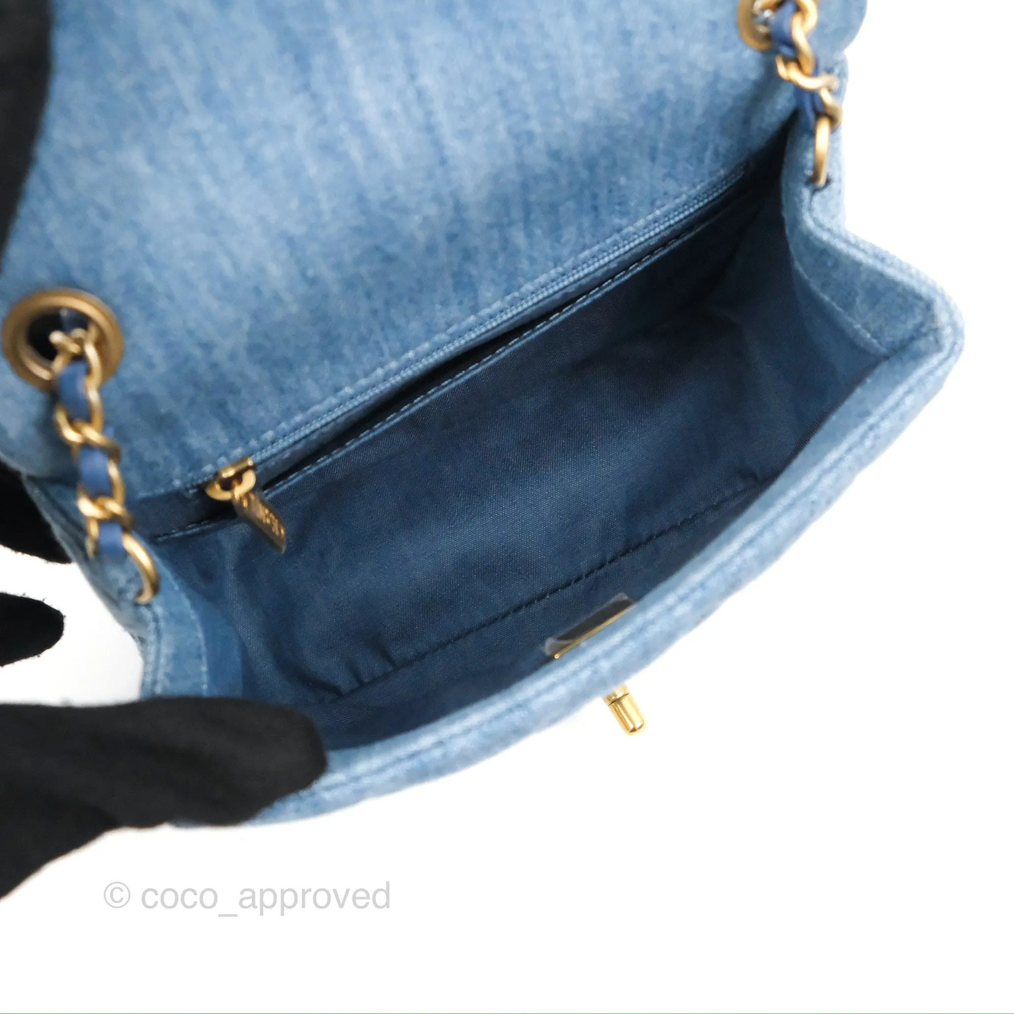 Chanel Mini Square Pearl Crush Quilted Denim Aged Gold Hardware