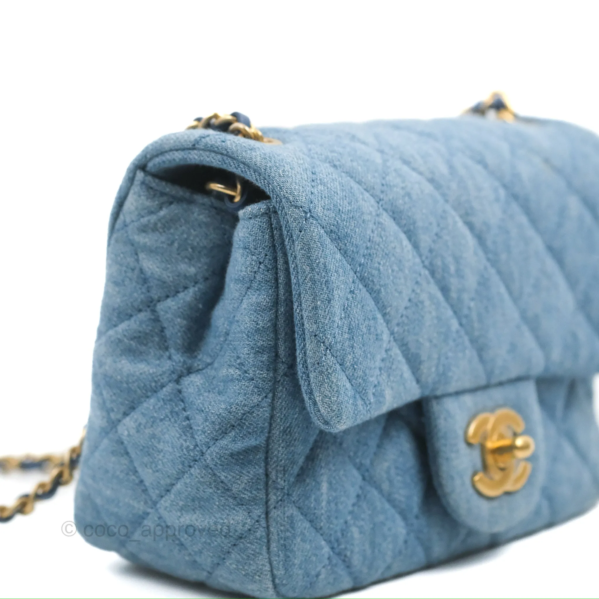 Chanel Mini Square Pearl Crush Quilted Denim Aged Gold Hardware