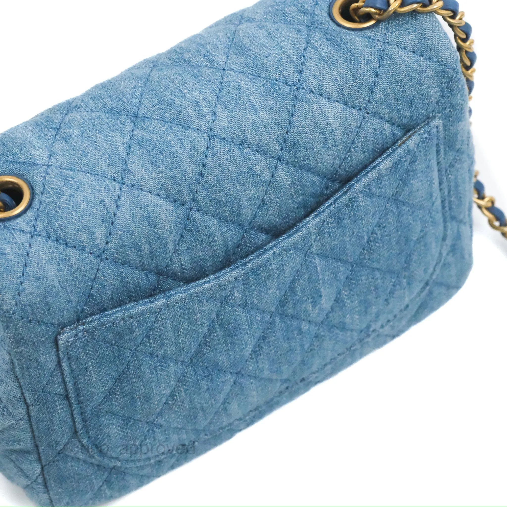 Chanel Mini Square Pearl Crush Quilted Denim Aged Gold Hardware