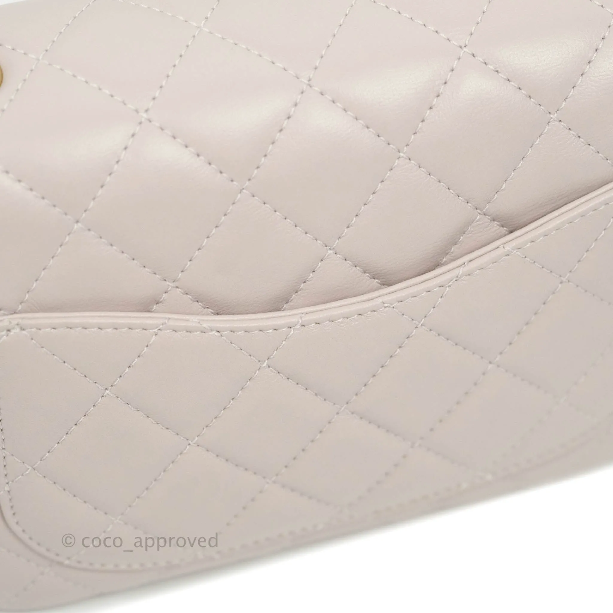 Chanel Mini Square Pearl Crush Quilted Pale Lilac Lambskin Aged Gold Hardware