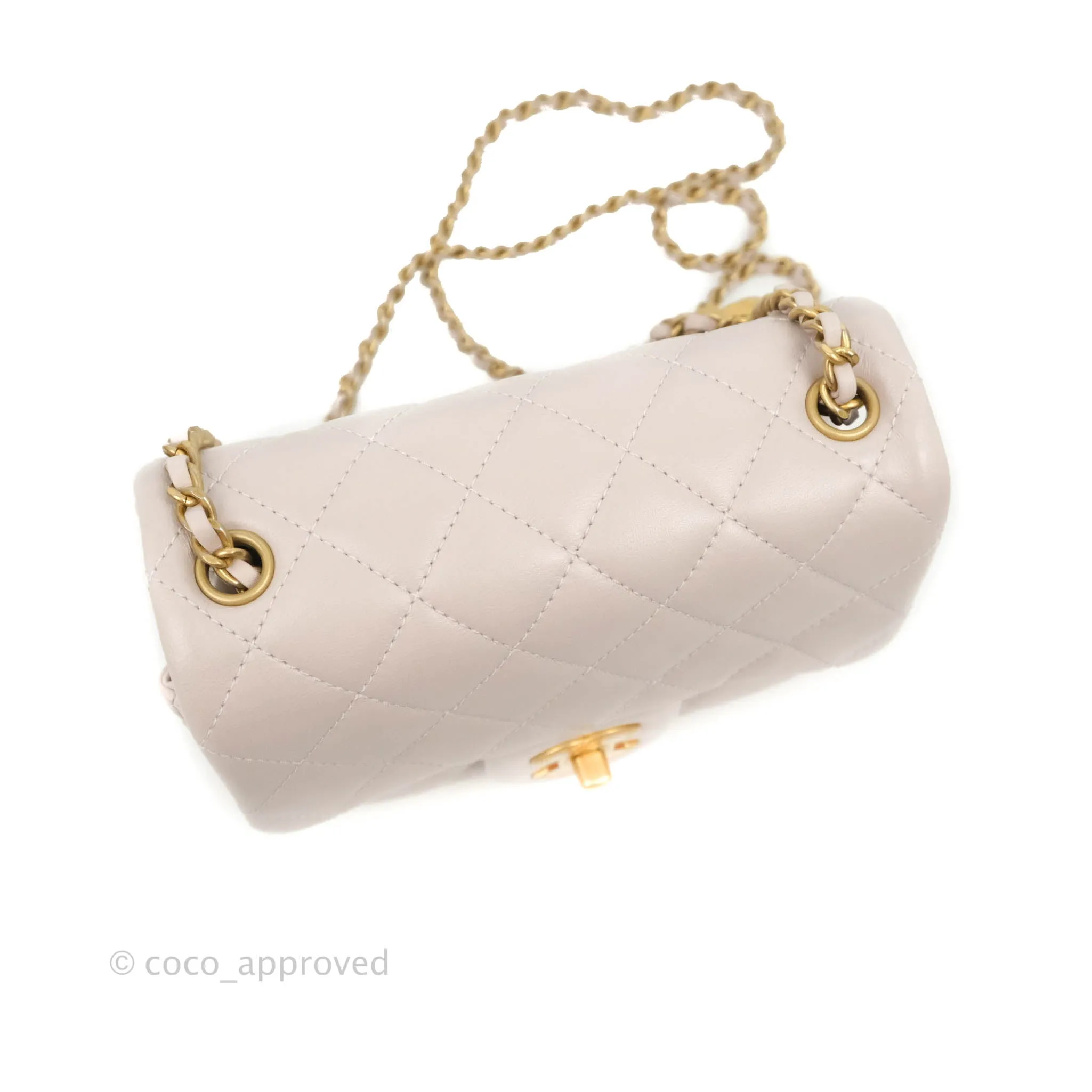 Chanel Mini Square Pearl Crush Quilted Pale Lilac Lambskin Aged Gold Hardware