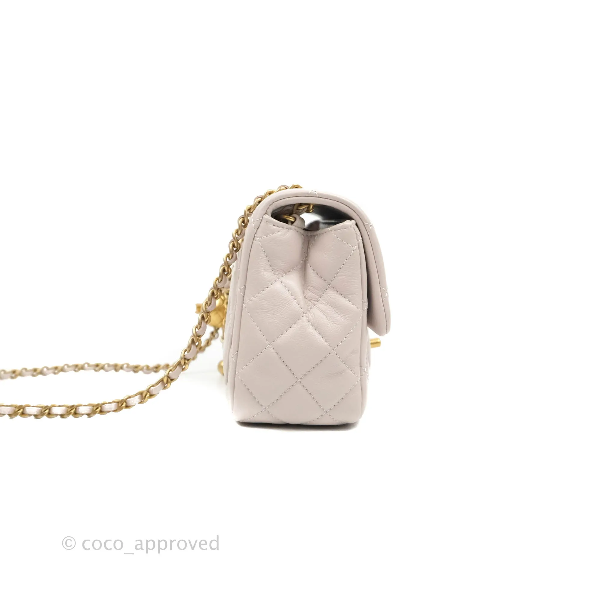 Chanel Mini Square Pearl Crush Quilted Pale Lilac Lambskin Aged Gold Hardware